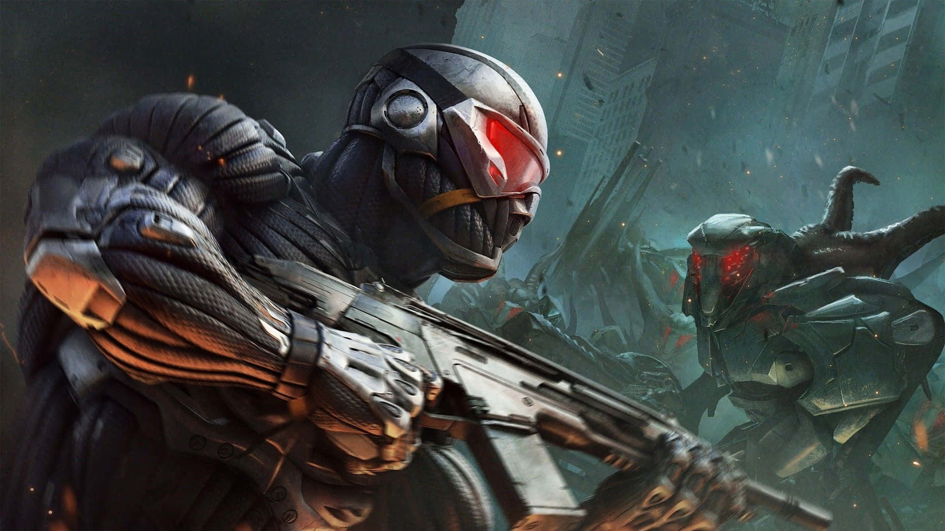Crysis 3 City, glowing red eyes, rifle, Full HD Desktop Wallpaper