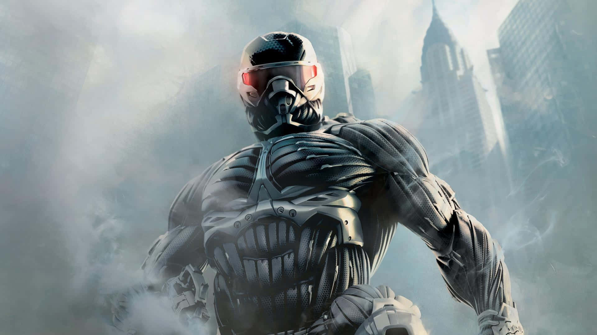 Crysis 3 City, futuristic armored warrior, glowing red eyes, Full HD Desktop Wallpaper