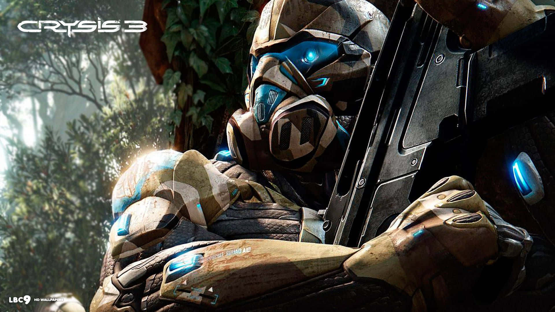 Crysis 3 City, futuristic camouflage armor, glowing blue accents, Full HD Desktop Wallpaper