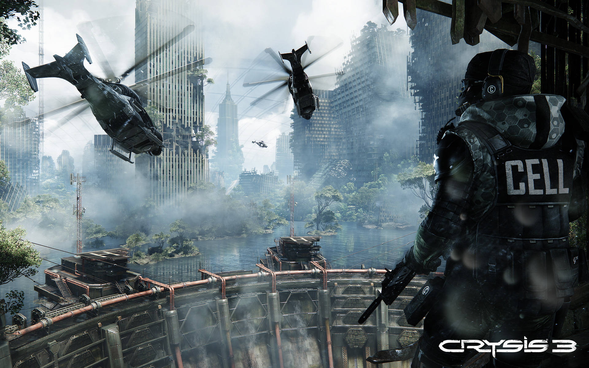 Crysis 3, tactical gear, misty ruined cityscape, Full HD Desktop Wallpaper