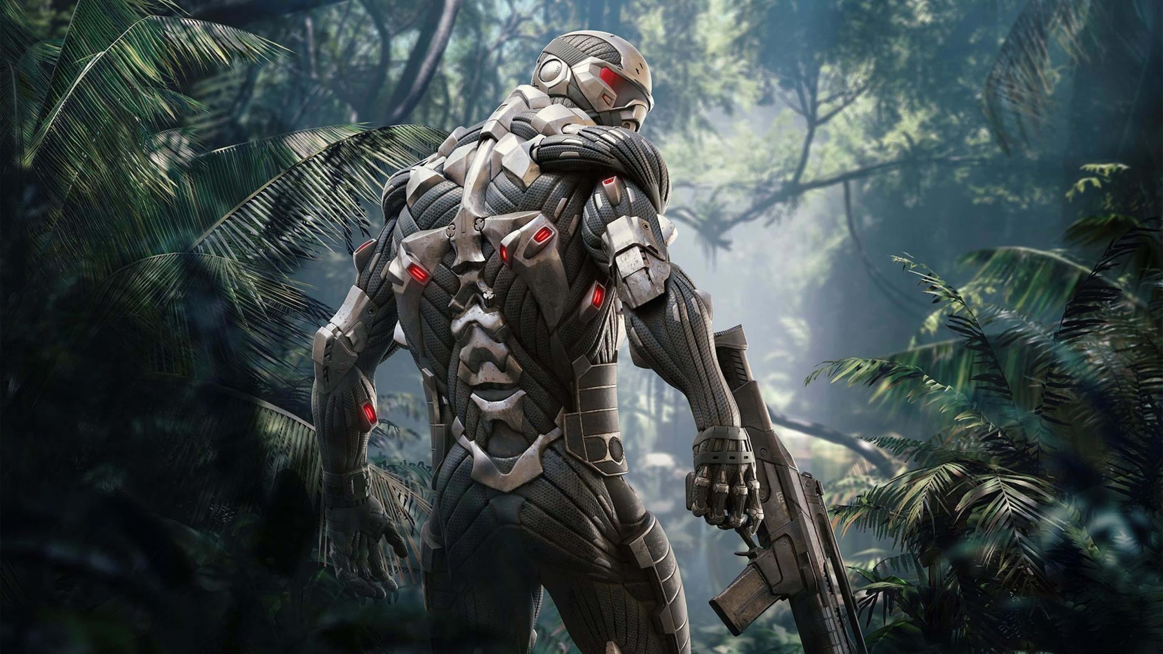 Crysis 4K, heavily armored soldier, glowing red eyes, 4K Desktop Wallpaper