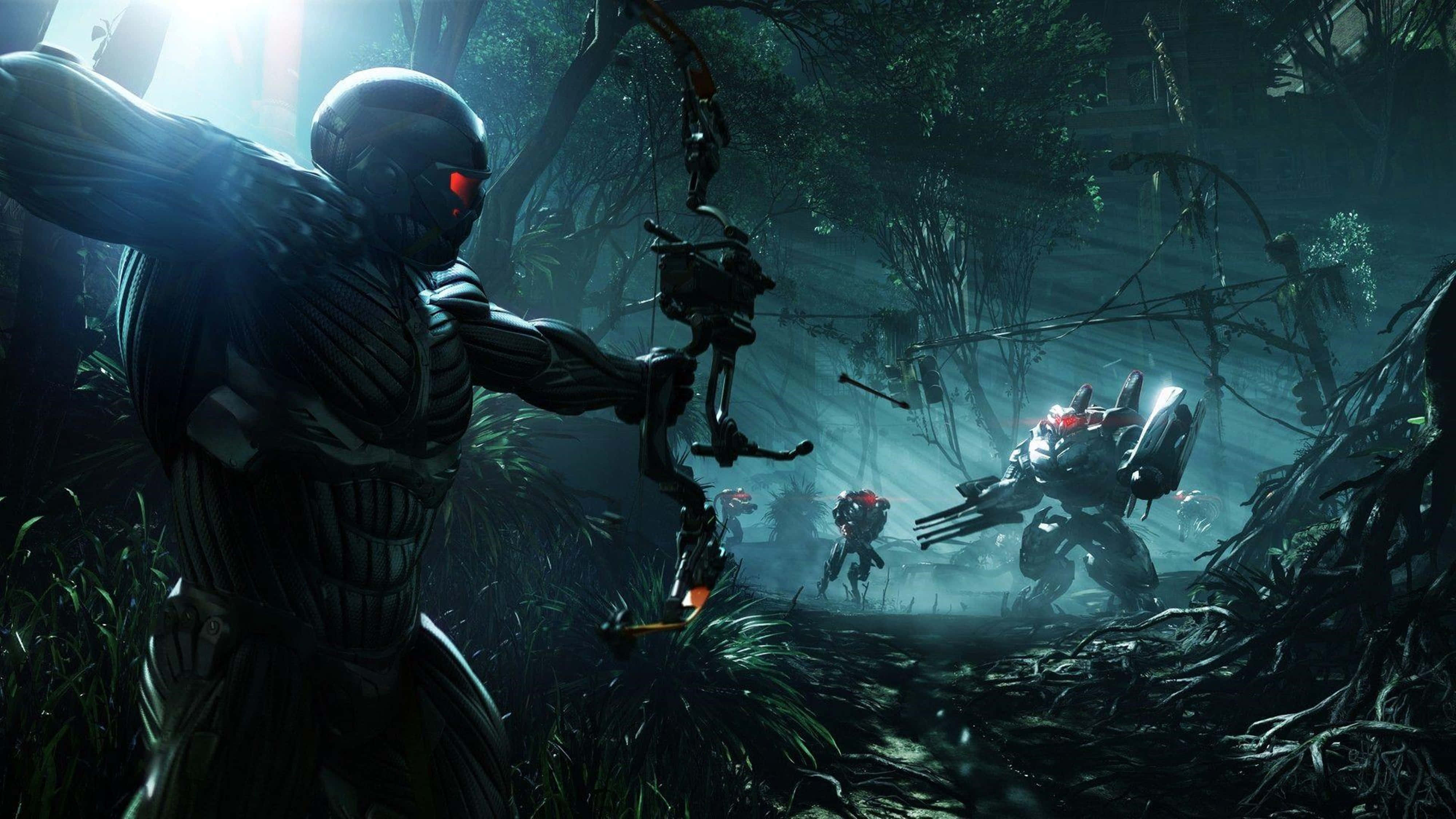 Crysis 4K, futuristic warrior, glowing red eyes, 4K Desktop Wallpaper