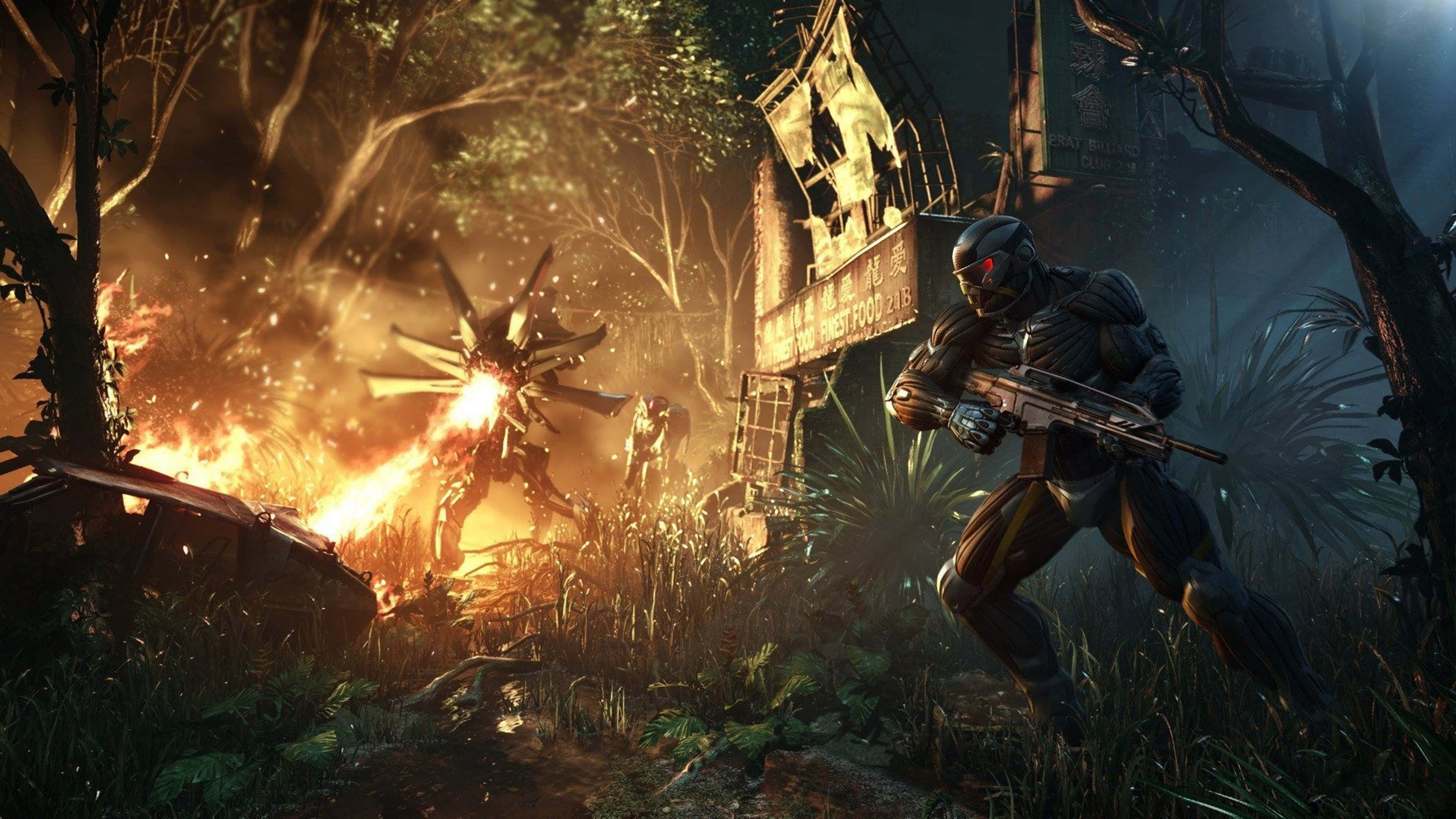 Crysis 4K, futuristic armor, glowing mechanical enemy, 4K Desktop Wallpaper
