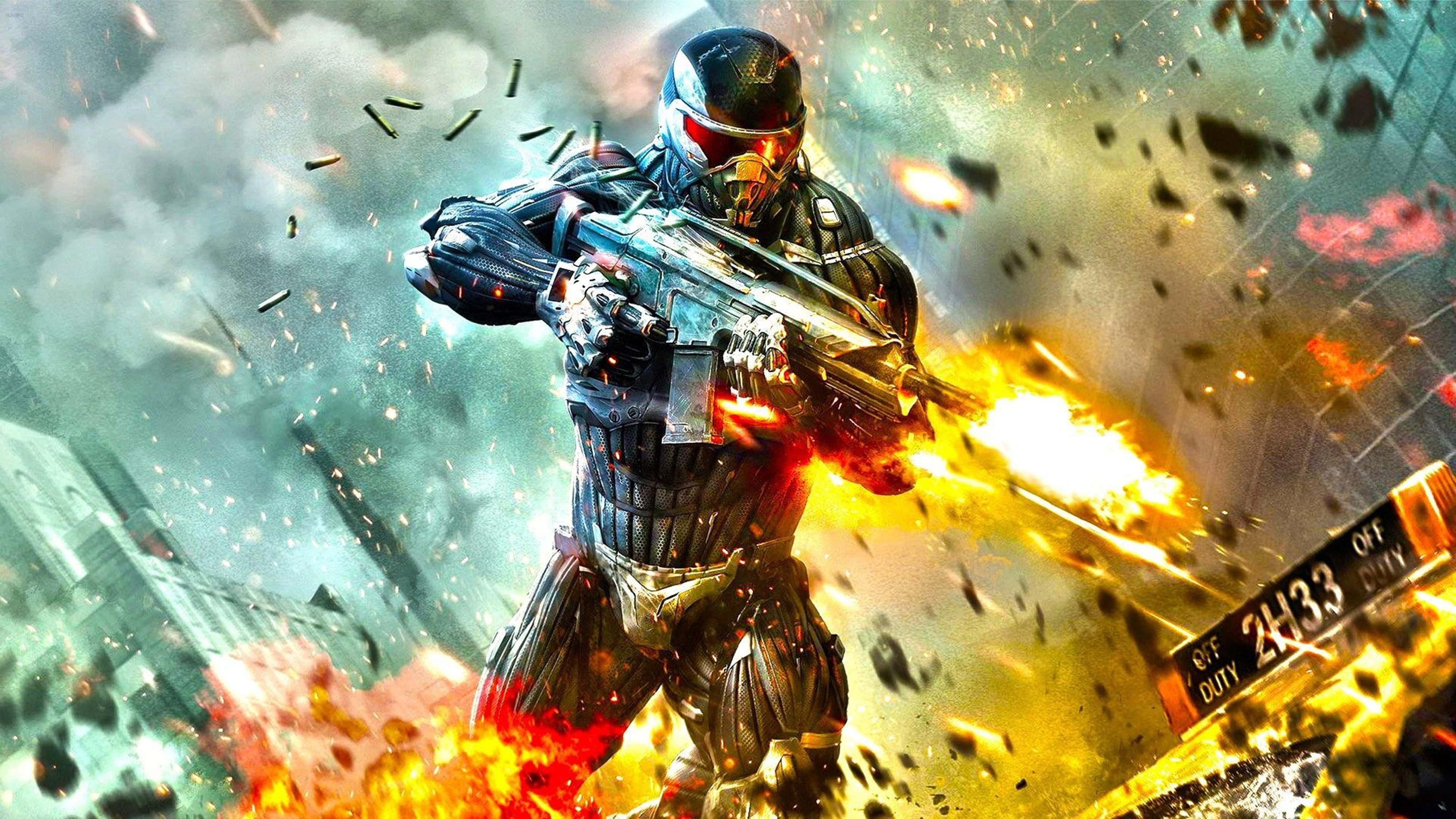 Crysis 4K, futuristic armor, blazing weapon, 4K Desktop Wallpaper