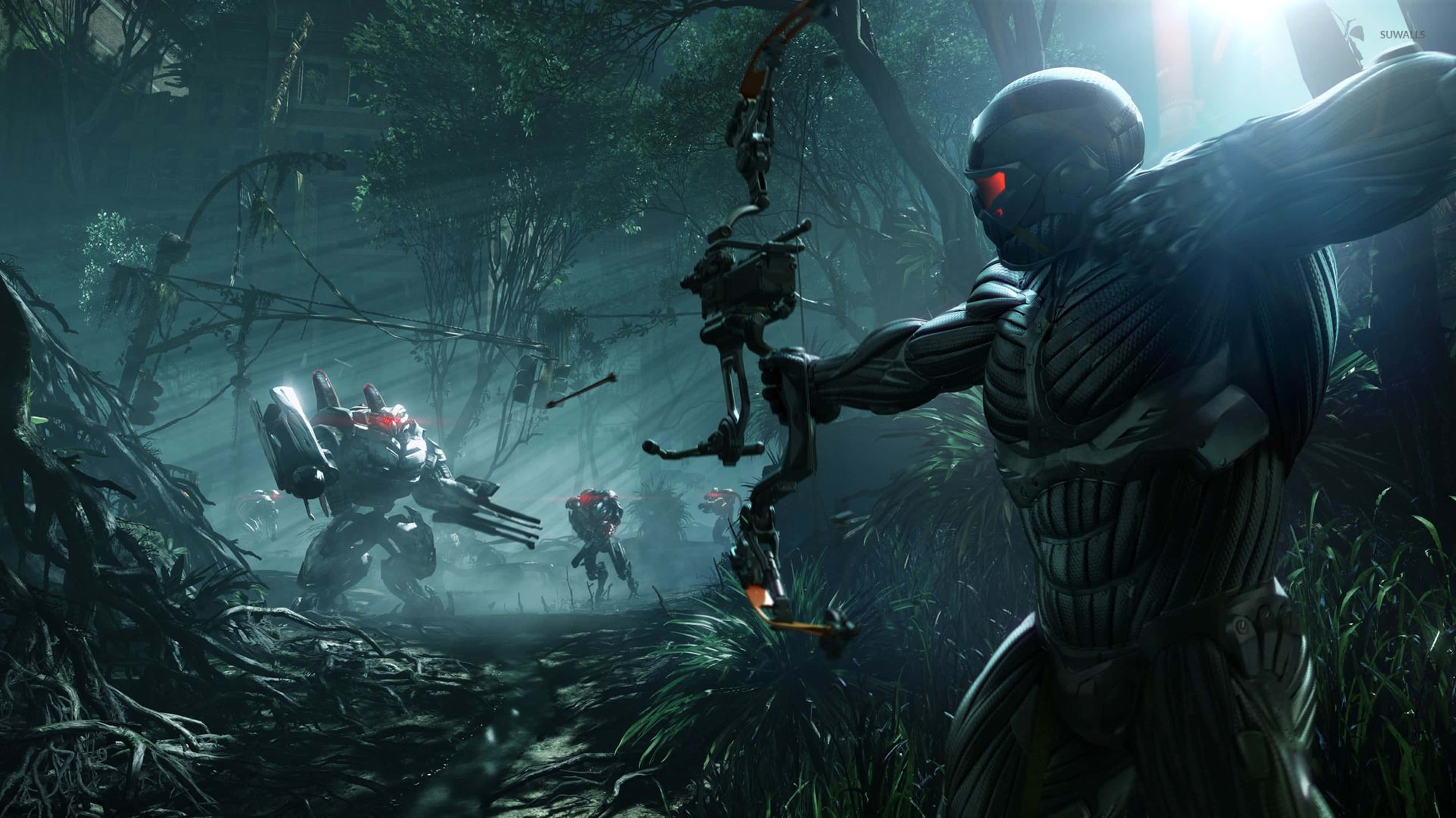 Crysis 4K, dark armored warrior, glowing red eyes, 4K Desktop Wallpaper