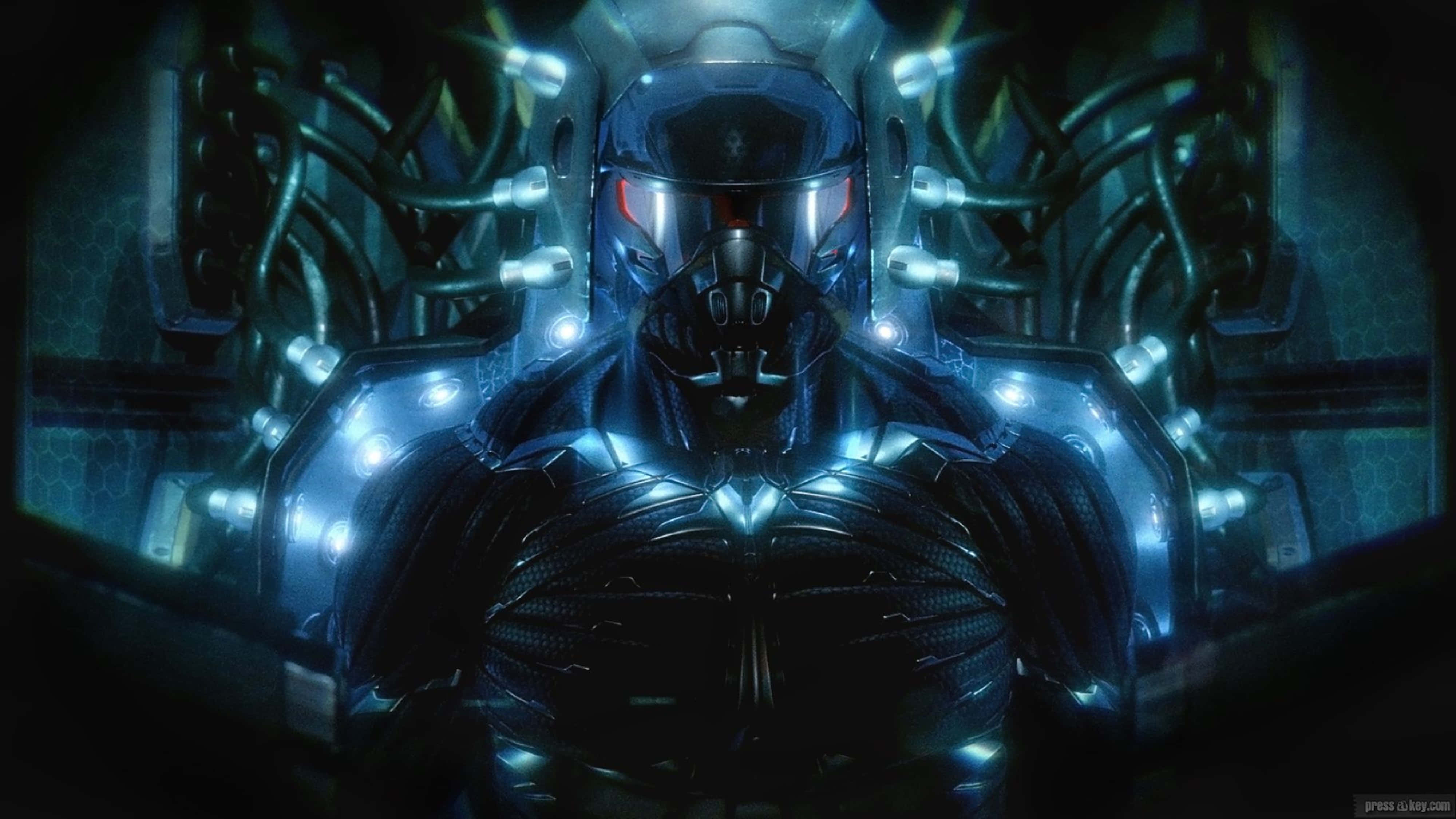 Crysis 4K, futuristic armored figure, glowing blue lights, 4K Desktop Wallpaper
