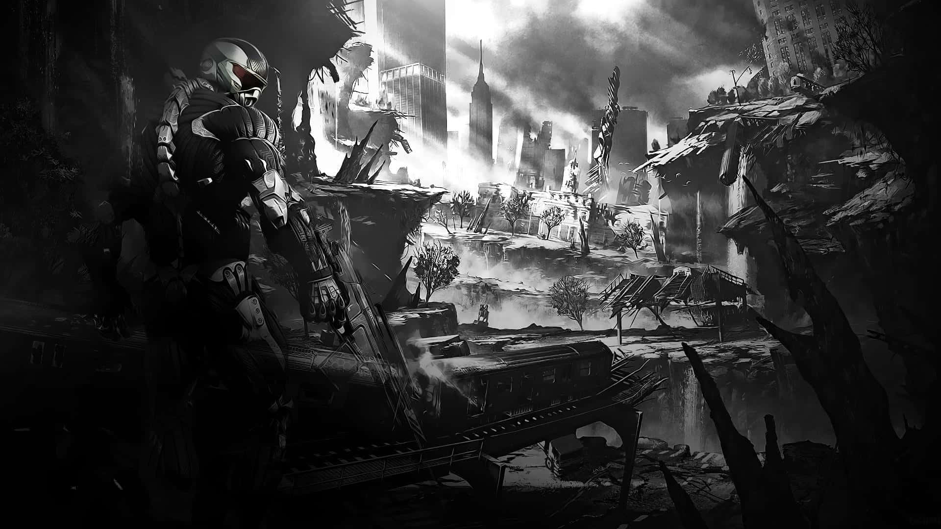 Crysis HD, armored figure, war-torn cityscape, Full HD Desktop Wallpaper