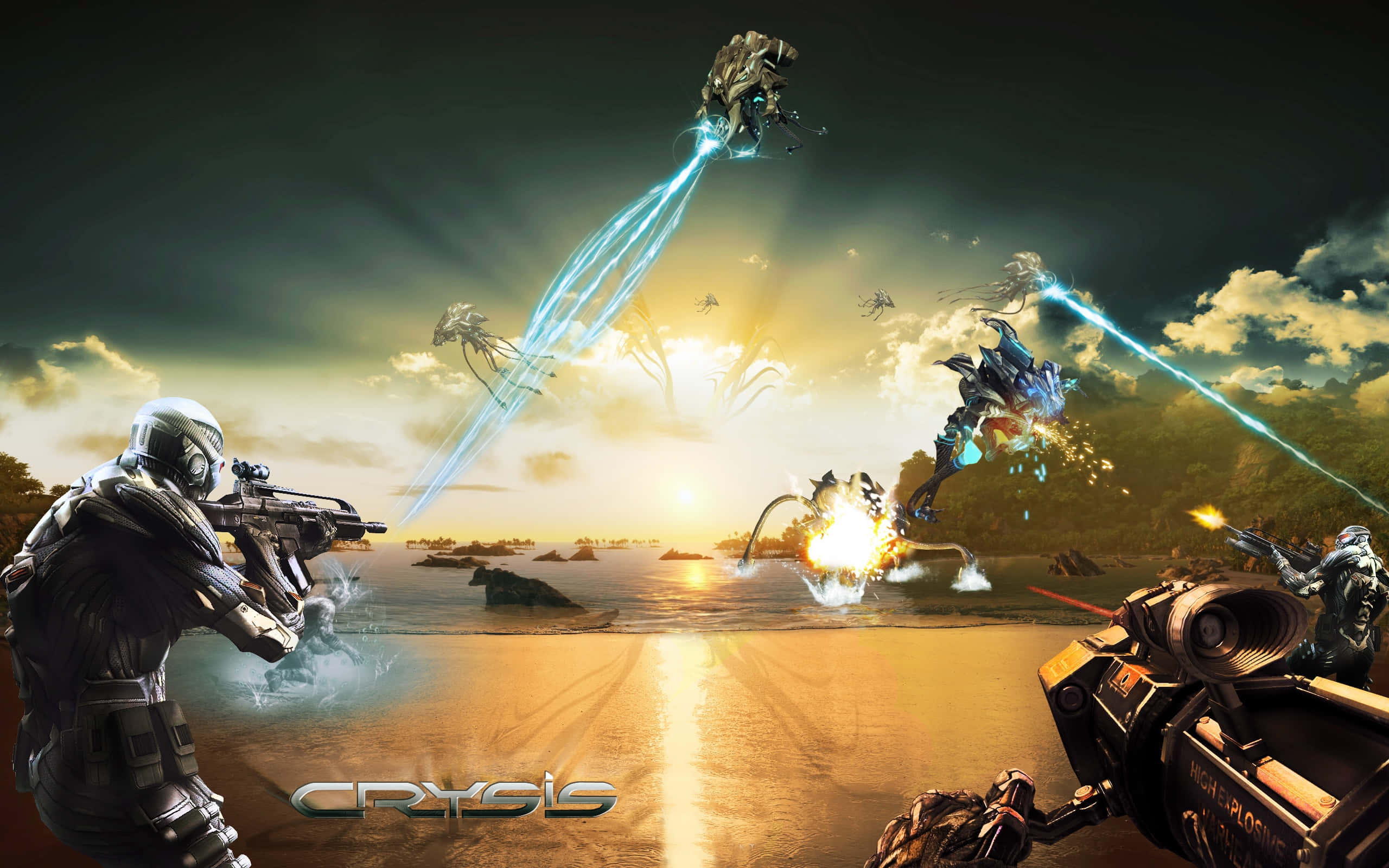 Crysis HD, biomechanical aliens, glowing sunset beach, 2K Desktop Wallpaper