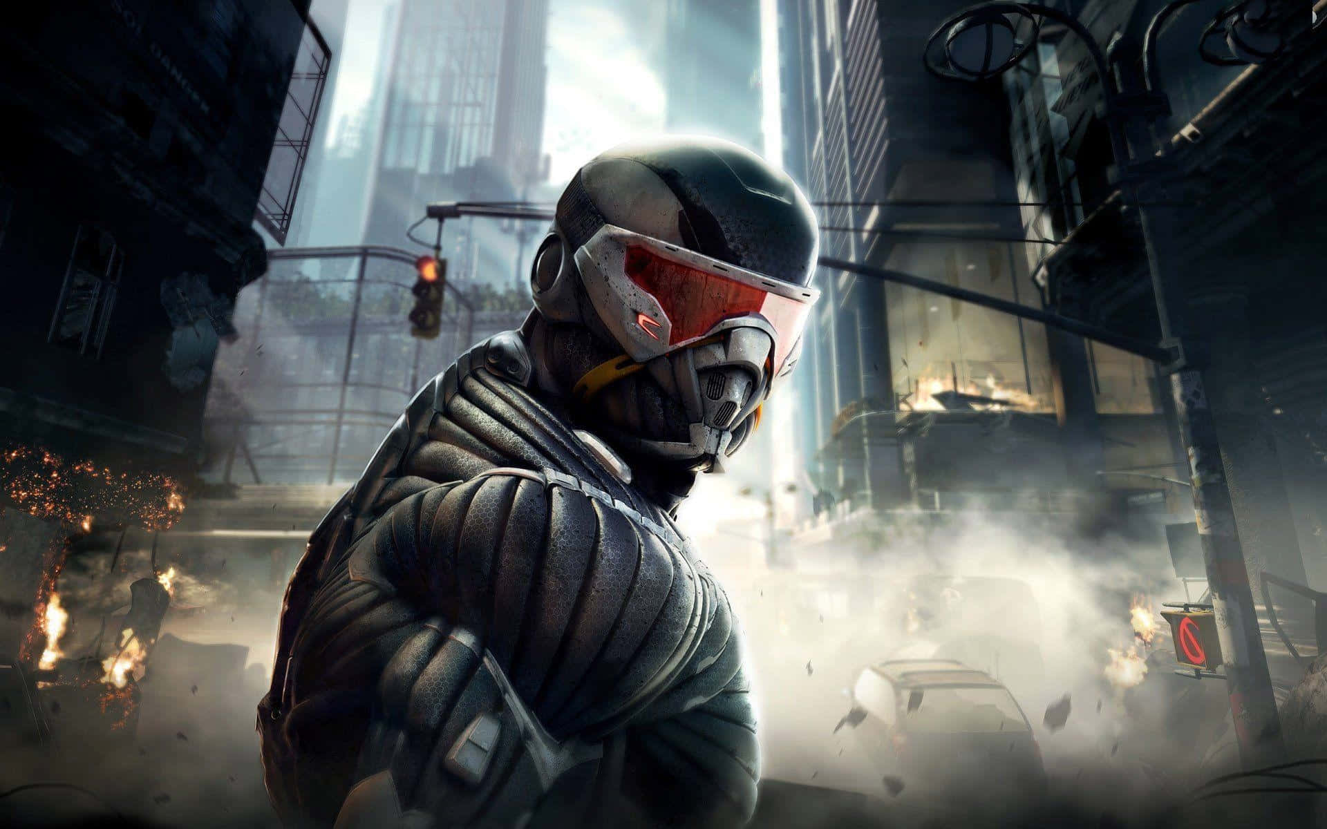 Crysis HD, futuristic soldier, helmet with glowing red visor, Full HD Desktop Wallpaper