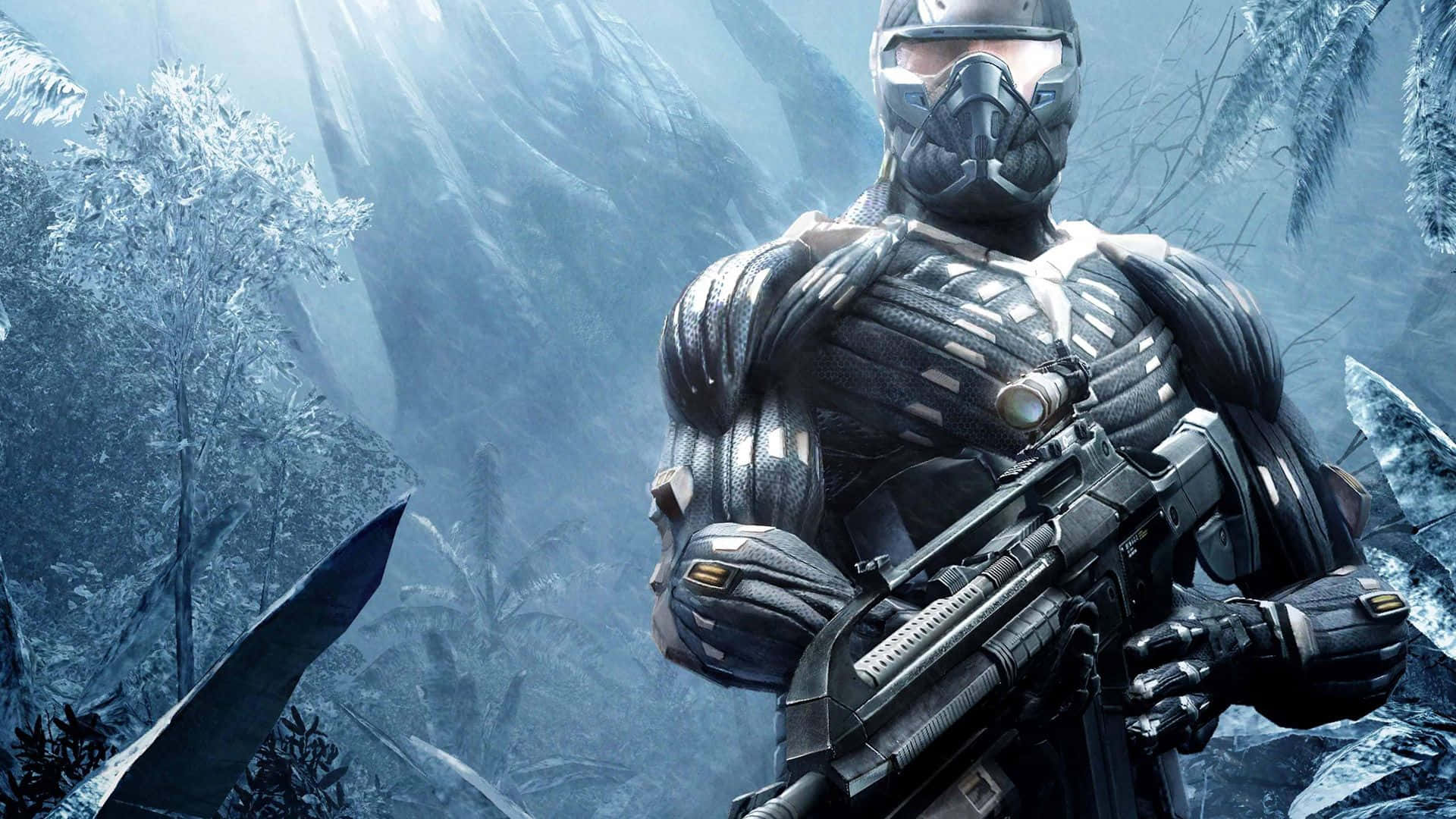 Crysis HD, heavily armored soldier, gas mask, Full HD Desktop Wallpaper