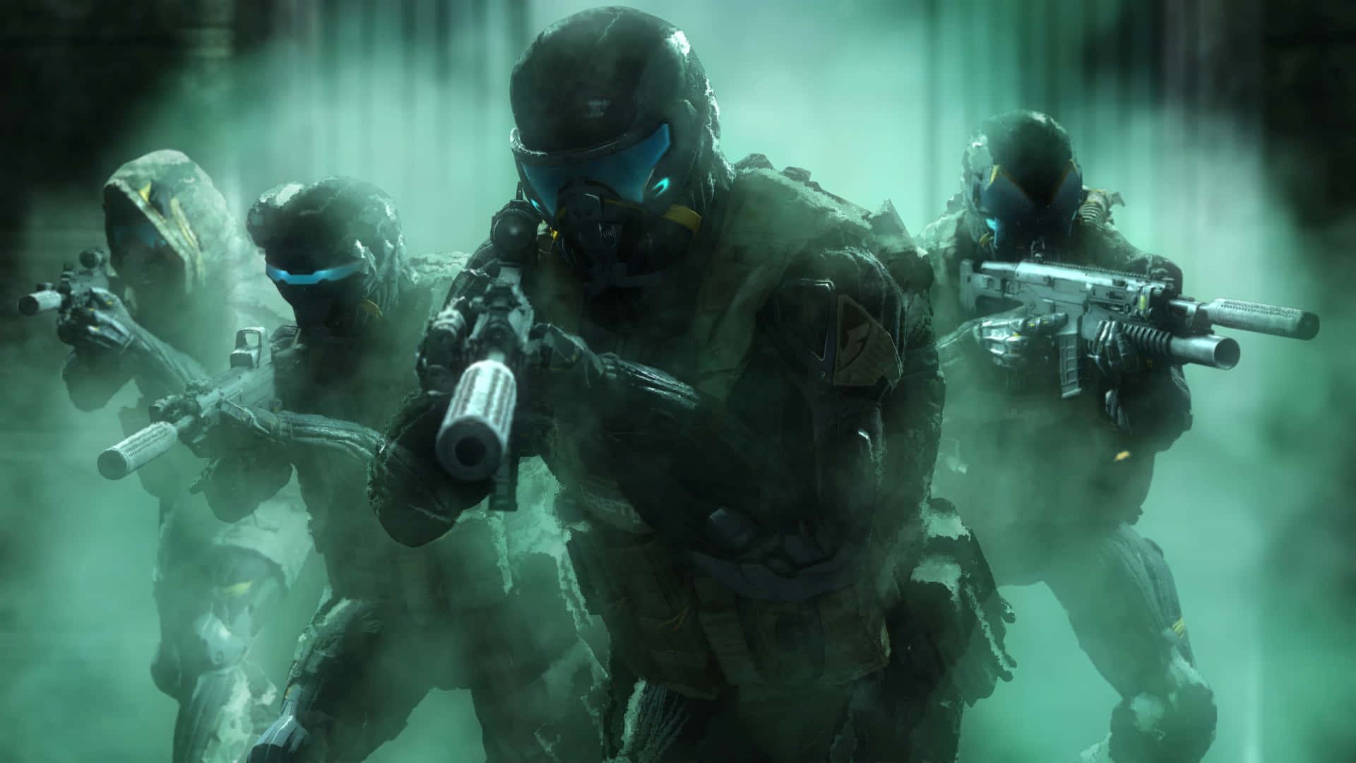 Crysis HD, tactical gear, green-tinted smoke, Full HD Desktop Wallpaper