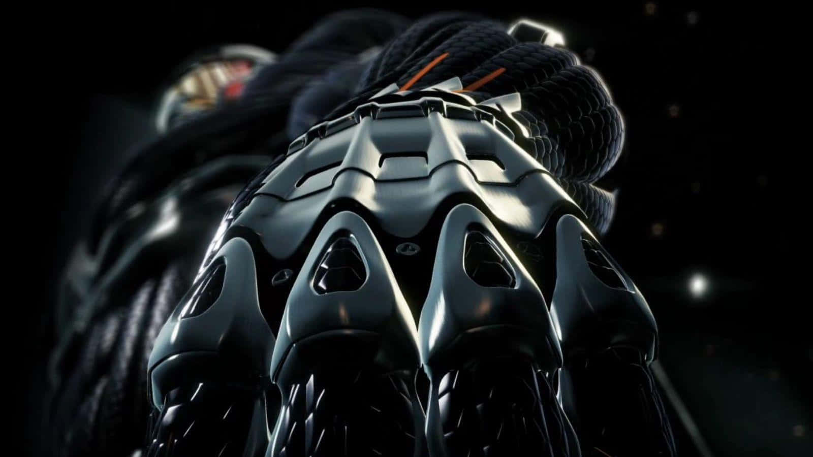 Crysis HD, futuristic armored gauntlet, glowing orange accents, HD Desktop Wallpaper