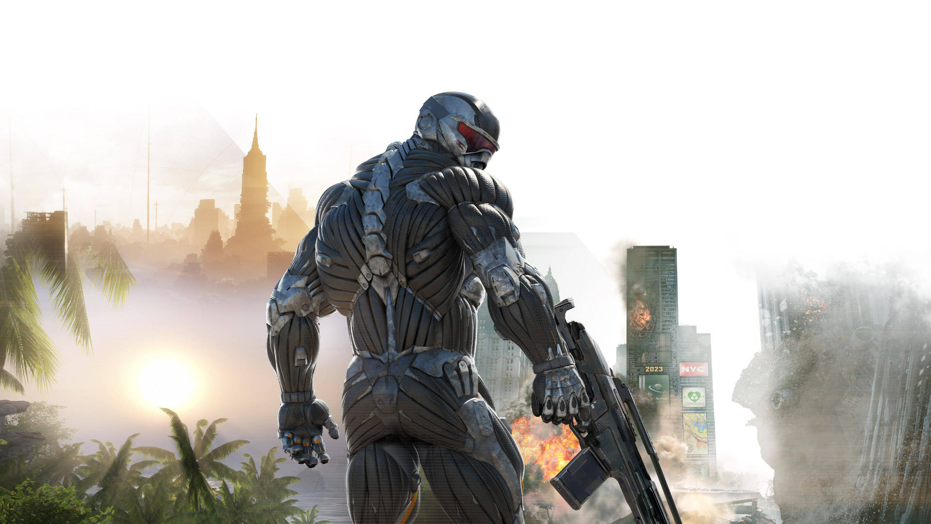 Crysis Remastered, red visor, ruined tropical cityscape, Full HD Desktop Wallpaper