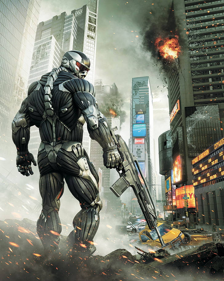 Crysis Remastered, armored warrior, burning futuristic cityscape, SD Phone Wallpaper