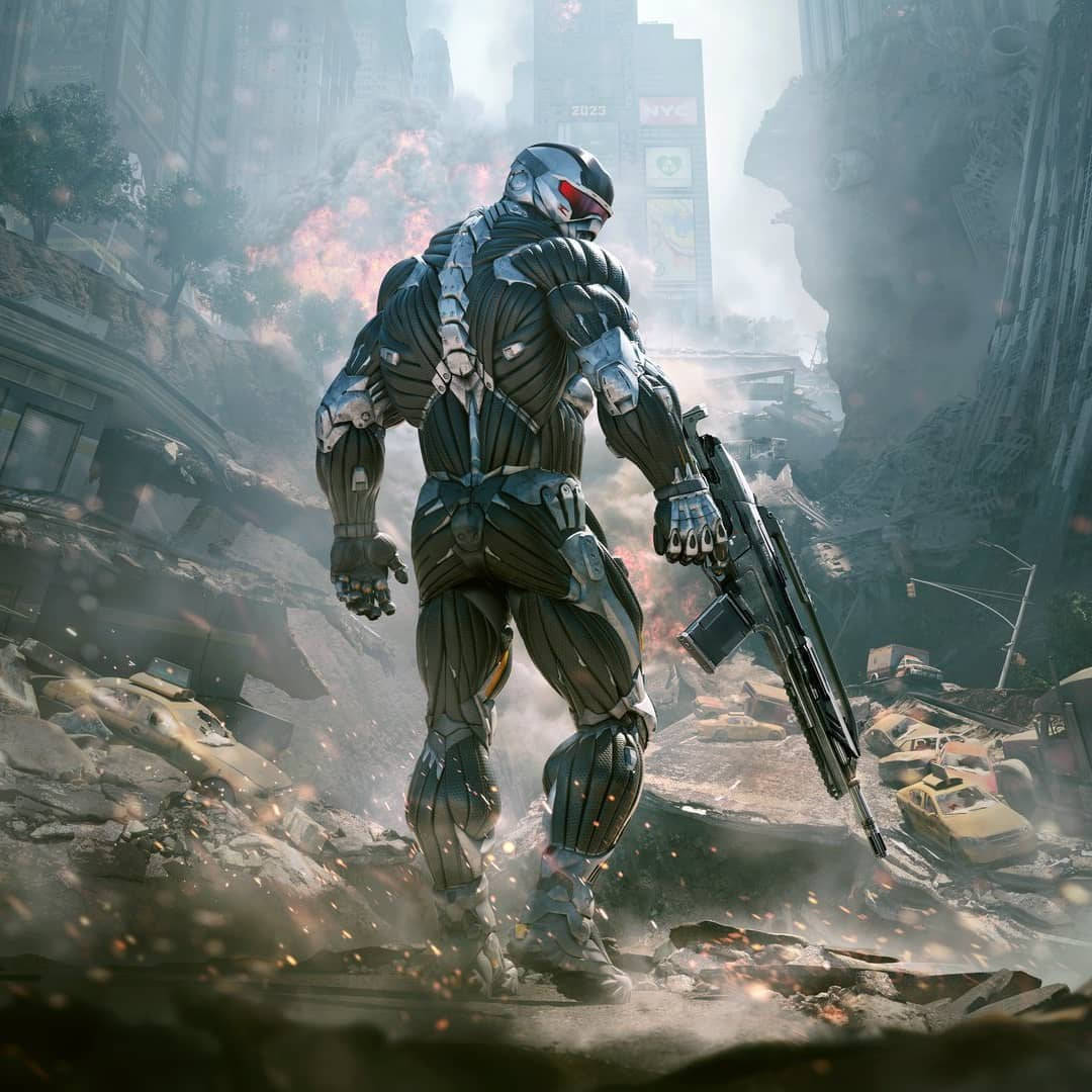Crysis Remastered, red visor, smoky ruined cityscape, SD Desktop Wallpaper