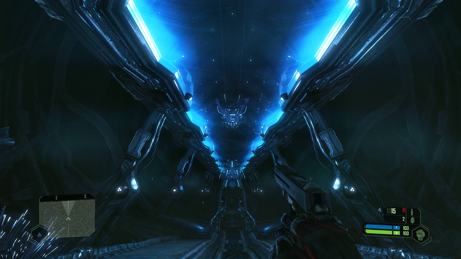 Crysis Remastered, futuristic blue-lit spaceship corridor, glowing panels, Full HD Desktop Wallpaper