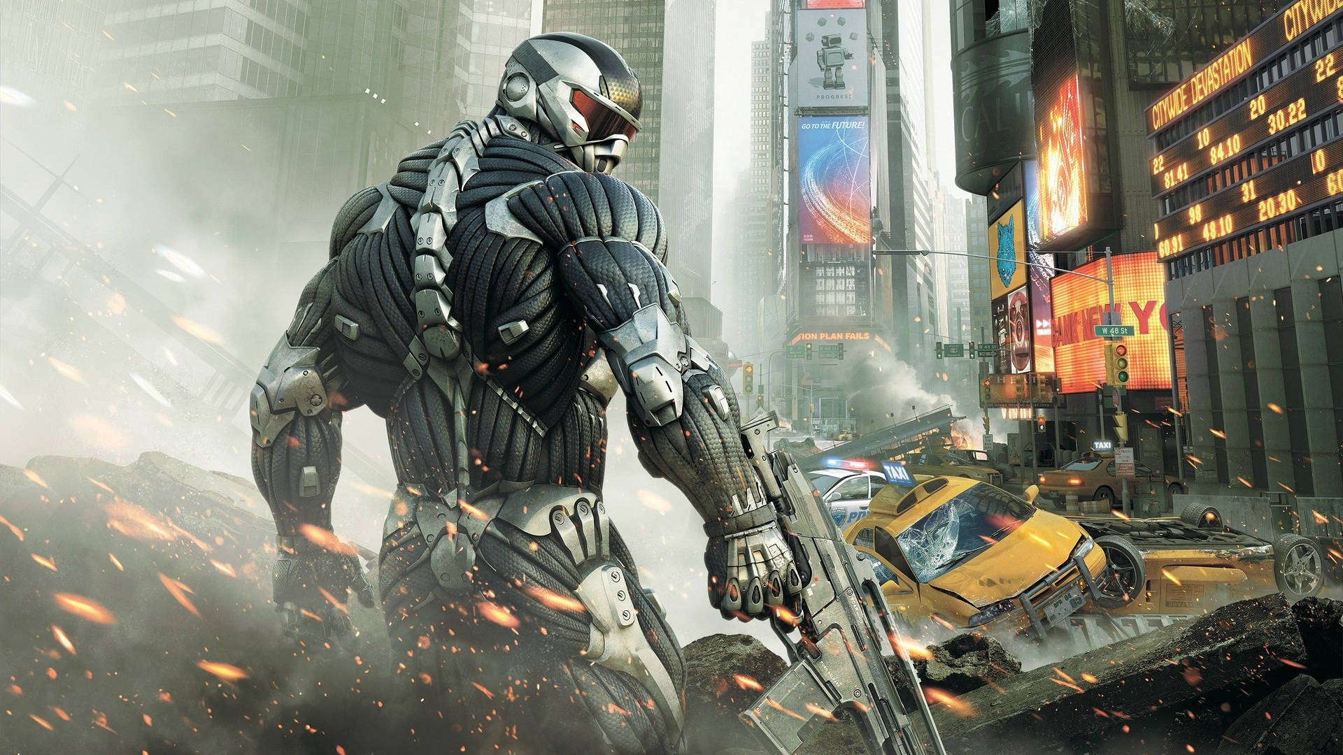 Crysis Remastered, armored warrior, shattered cityscape, Full HD Desktop Wallpaper