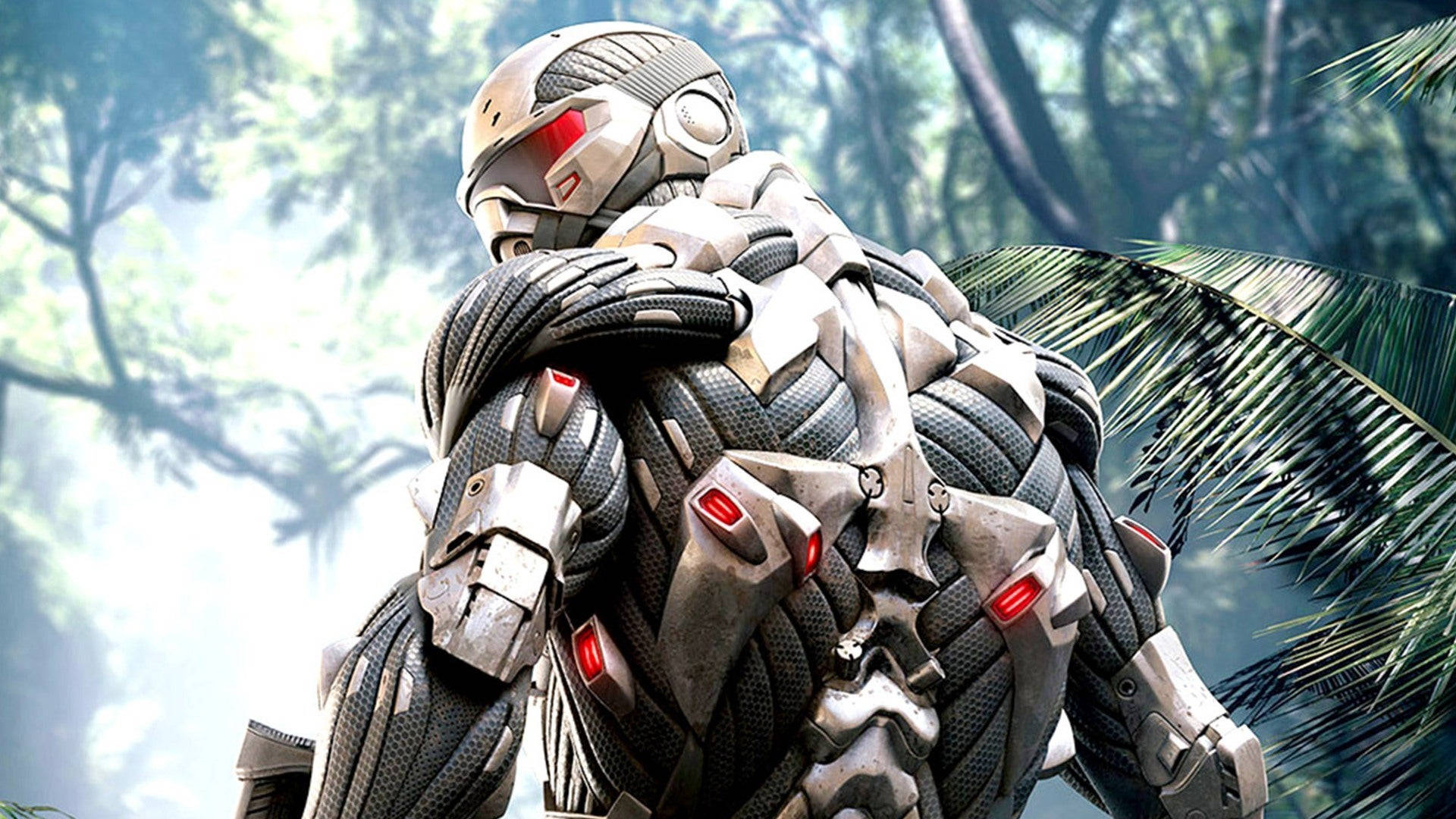 Crysis Remastered, futuristic armored soldier, glowing red eyes, Full HD Desktop Wallpaper