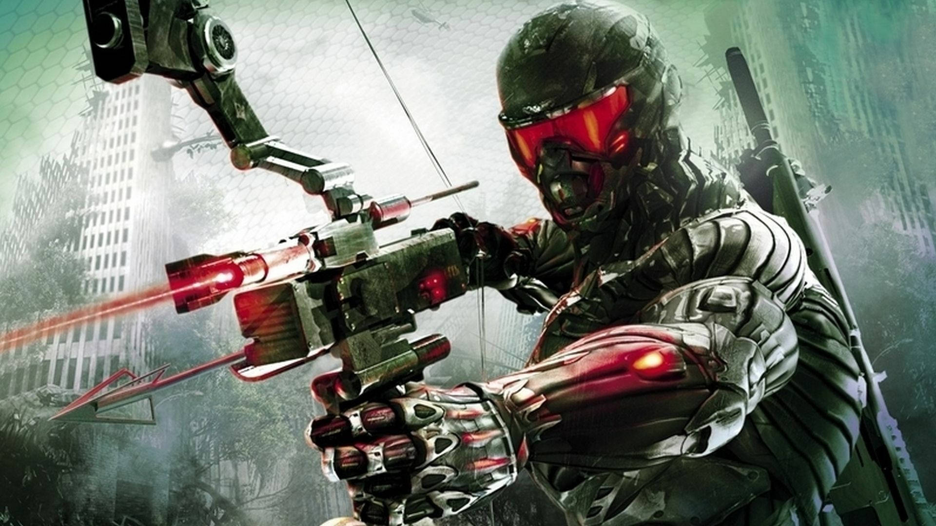 Crysis Remastered, glowing red energy bow, futuristic soldier, Full HD Desktop Wallpaper