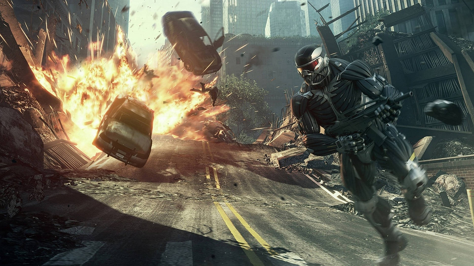 Crysis Warhead, masked soldier, war-torn city street, Full HD Desktop Wallpaper
