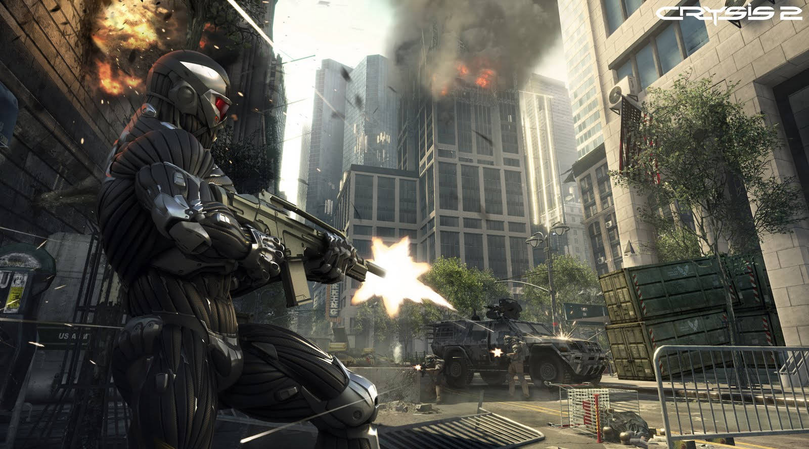 Crysis Warhead, futuristic armor, burning urban battlefield, HD Desktop Wallpaper