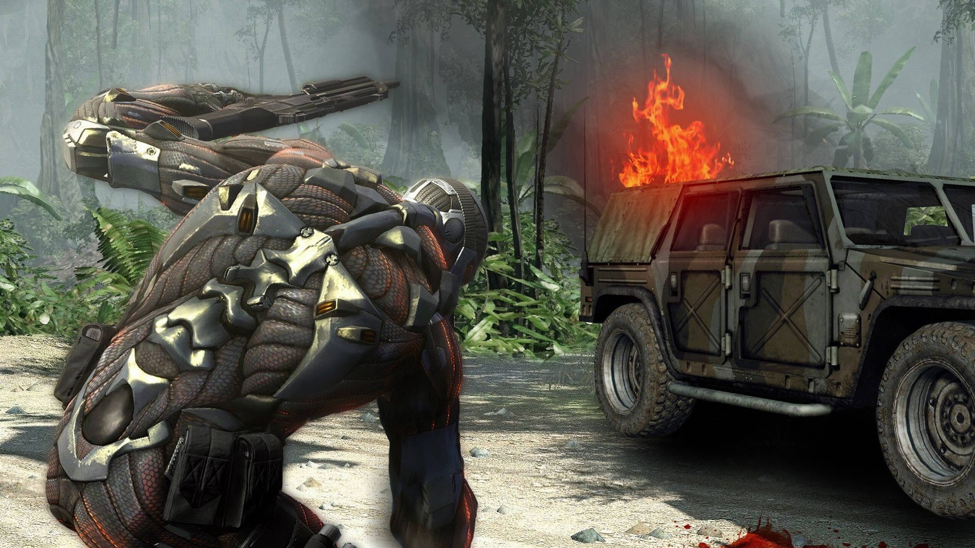 Crysis Warhead, flaming vehicle, military jeep, Full HD Desktop Wallpaper