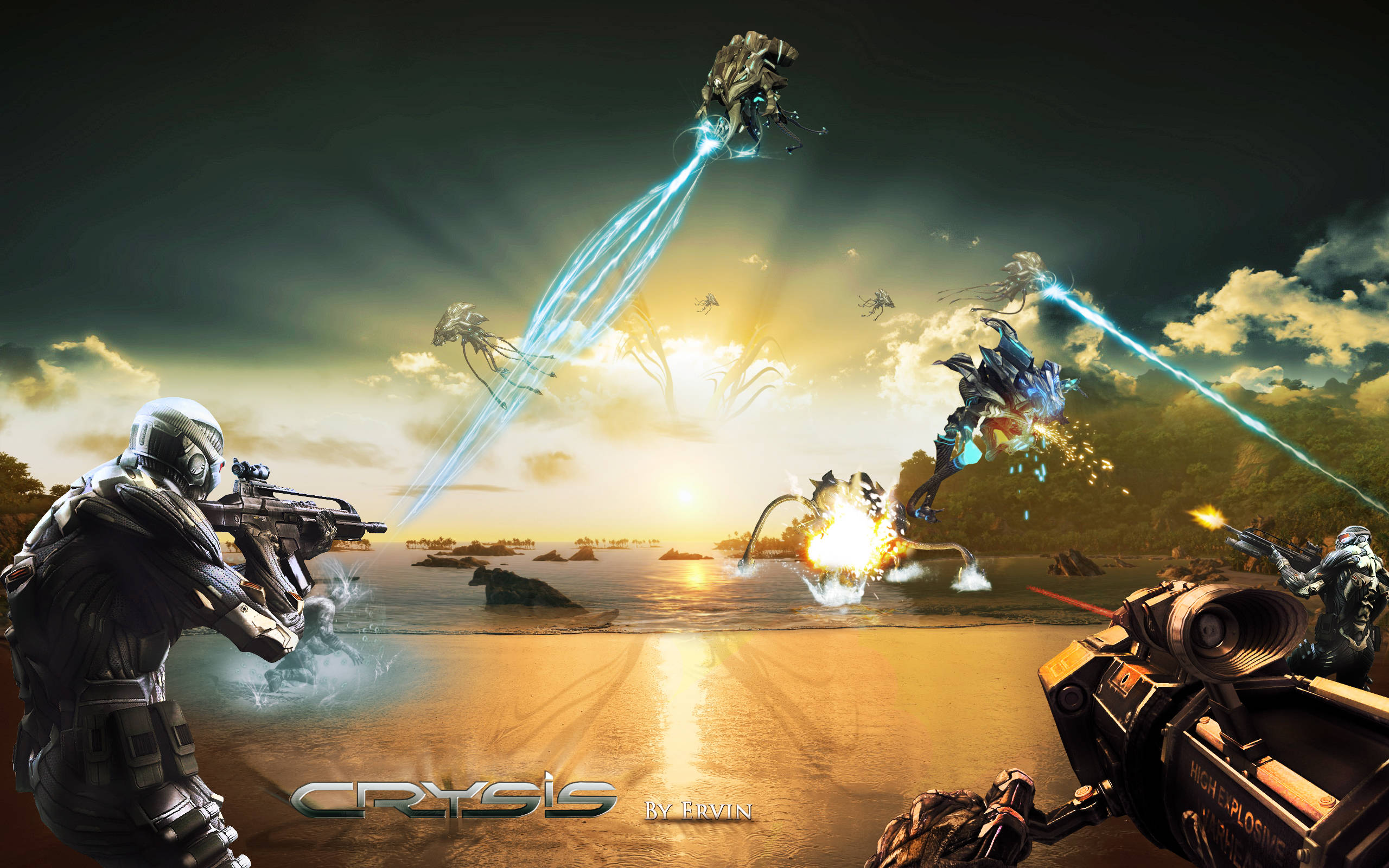 Crysis Warhead, alien creatures, blue beams, 2K Desktop Wallpaper