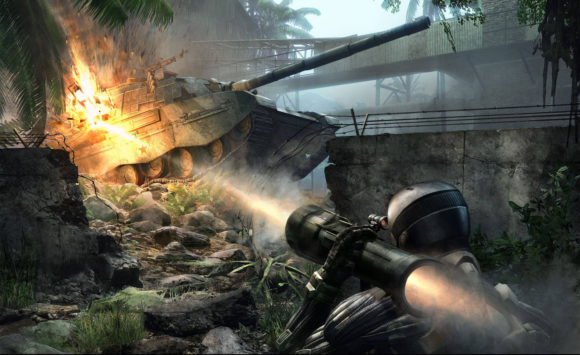 Crysis Warhead, rocket launcher, burning tank, Full HD Desktop Wallpaper