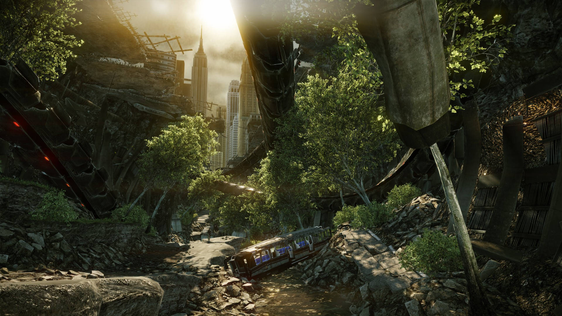 Crysis Warhead, sunlit forest, futuristic city, Full HD Desktop Wallpaper