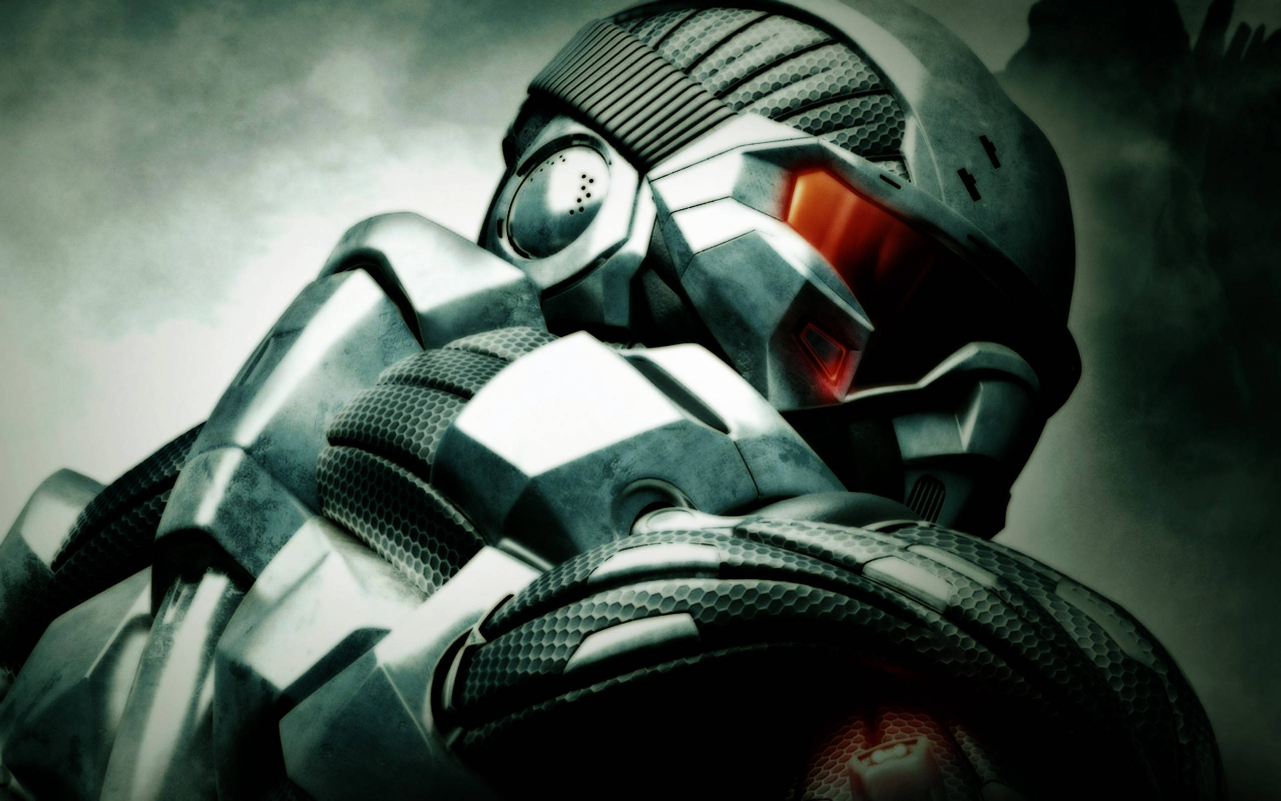 Crysis Warhead, futuristic armored soldier, glowing red visor, 2K Desktop Wallpaper