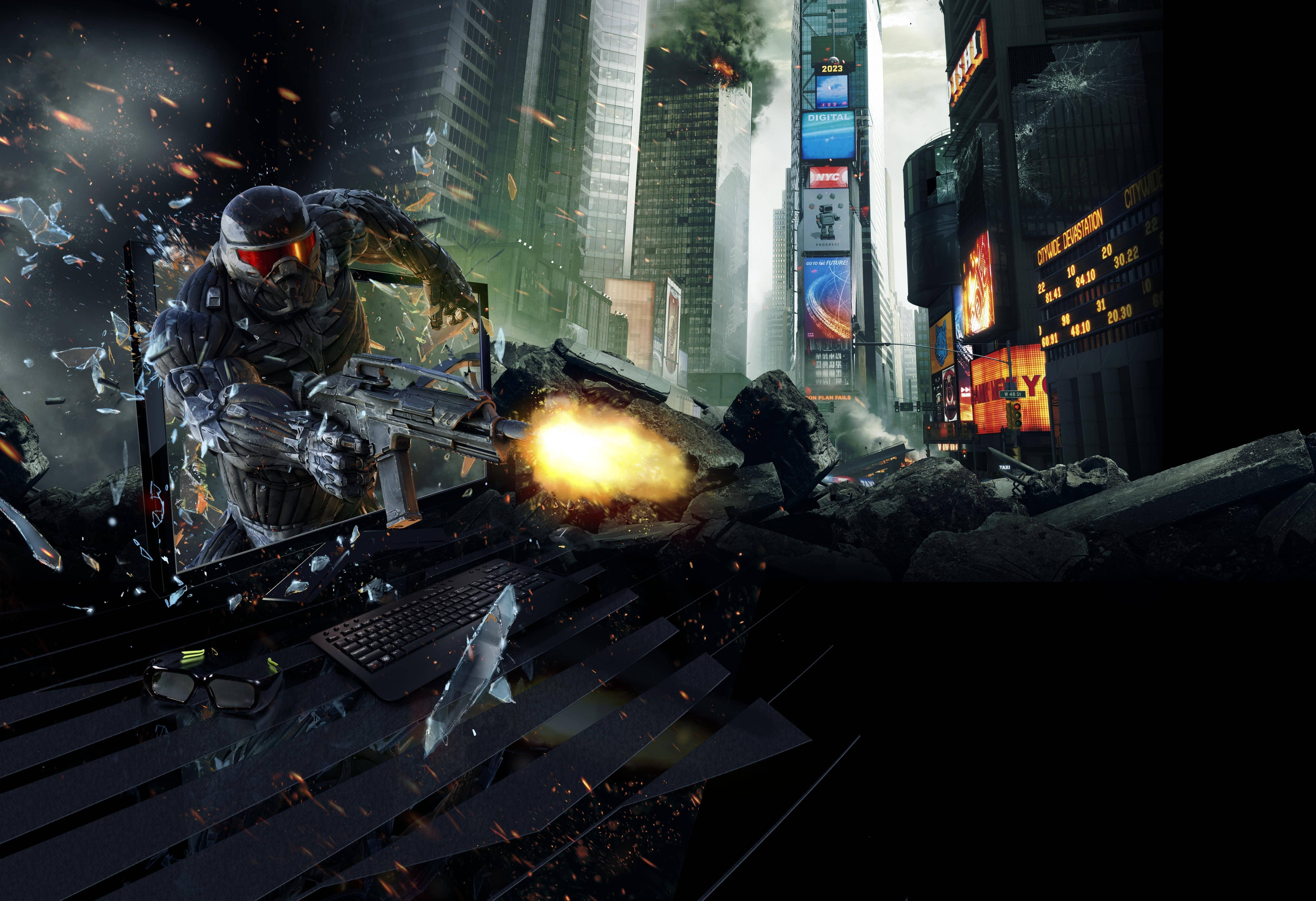 Crysis Warhead, futuristic armor, neon-lit urban battlefield, 5K Desktop Wallpaper