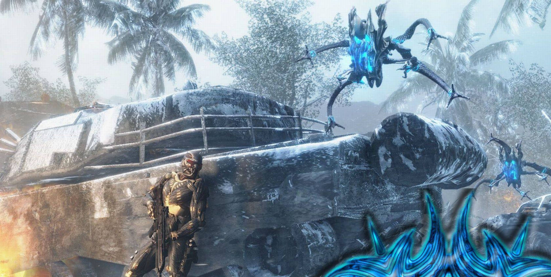 Crysis Warhead, glowing blue alien drones, snowy palm trees, Full HD Desktop Wallpaper