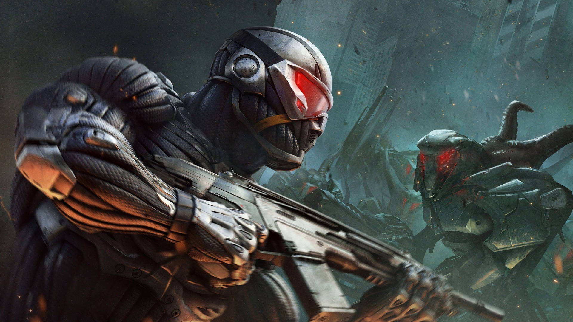 Crysis Warhead, heavily armored soldier, glowing red eyes, Full HD Desktop Wallpaper