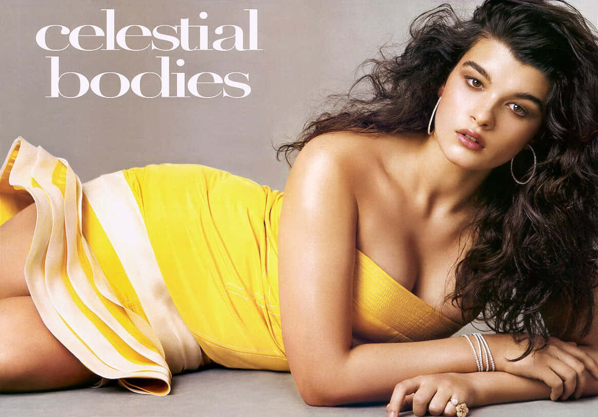 Crystal Renn, dark curly hair, yellow dress, SD Desktop Wallpaper