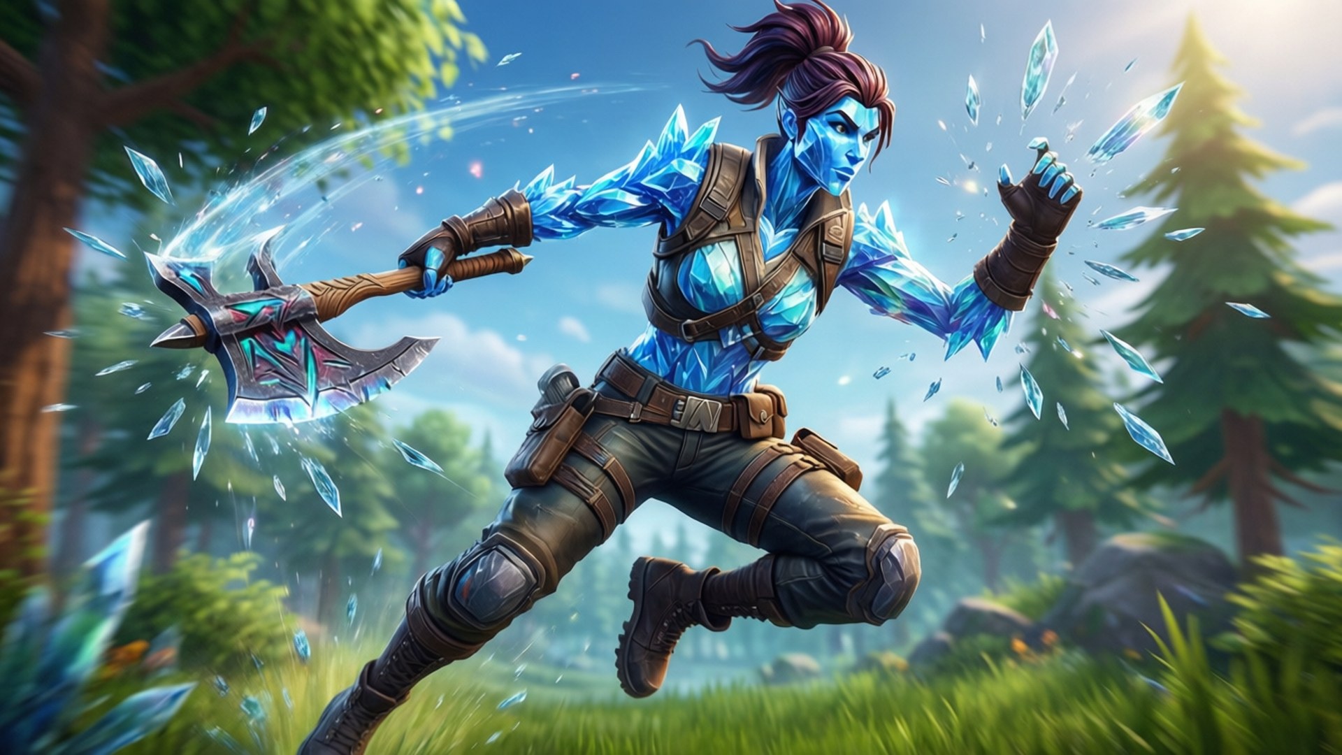 Crystal Skin Fortnite, blue-skinned warrior, crystalline armor, Full HD Desktop Wallpaper