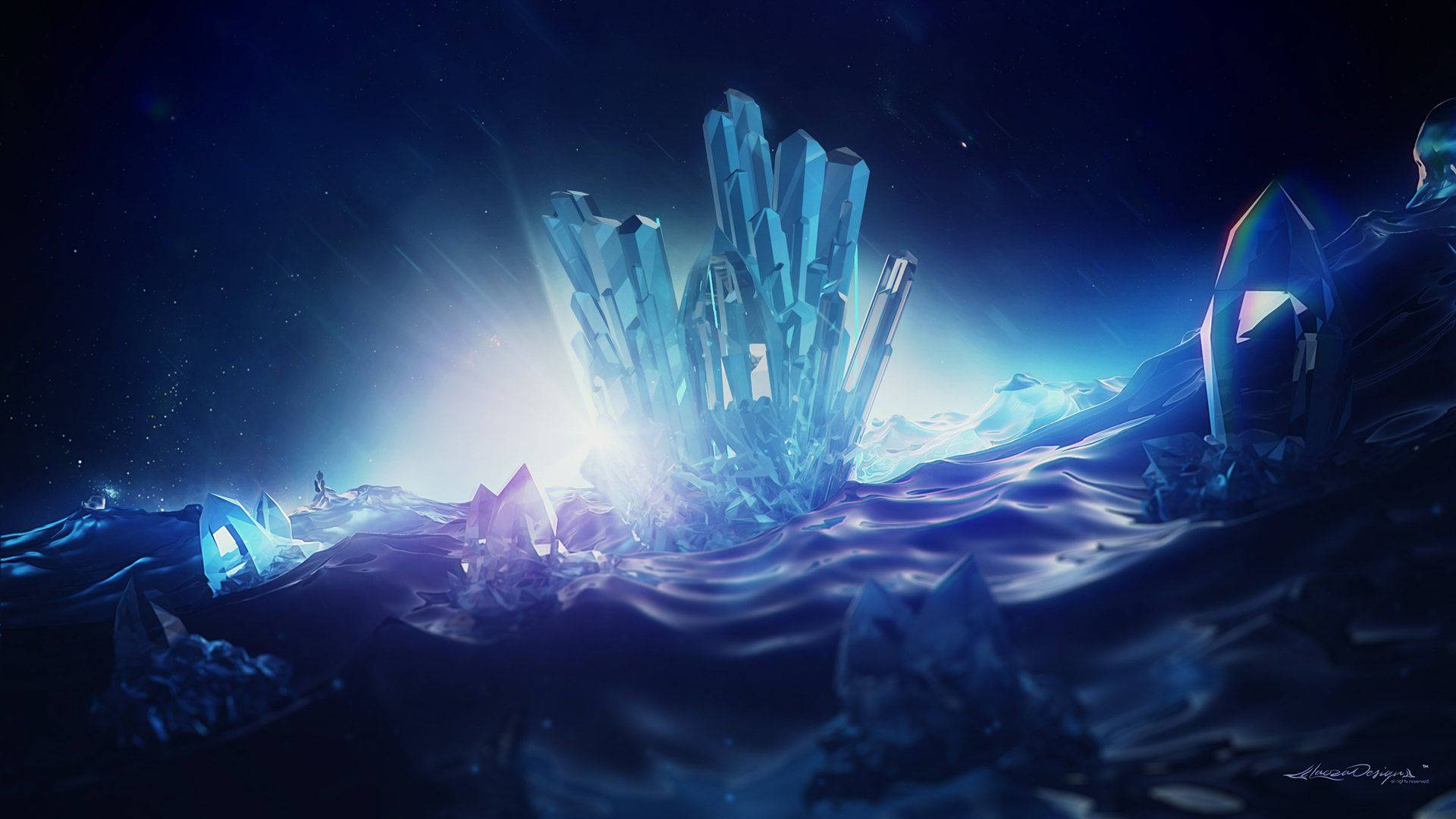 blue crystal gem, glowing blue crystal formations, starry night sky, Full HD Desktop Wallpaper