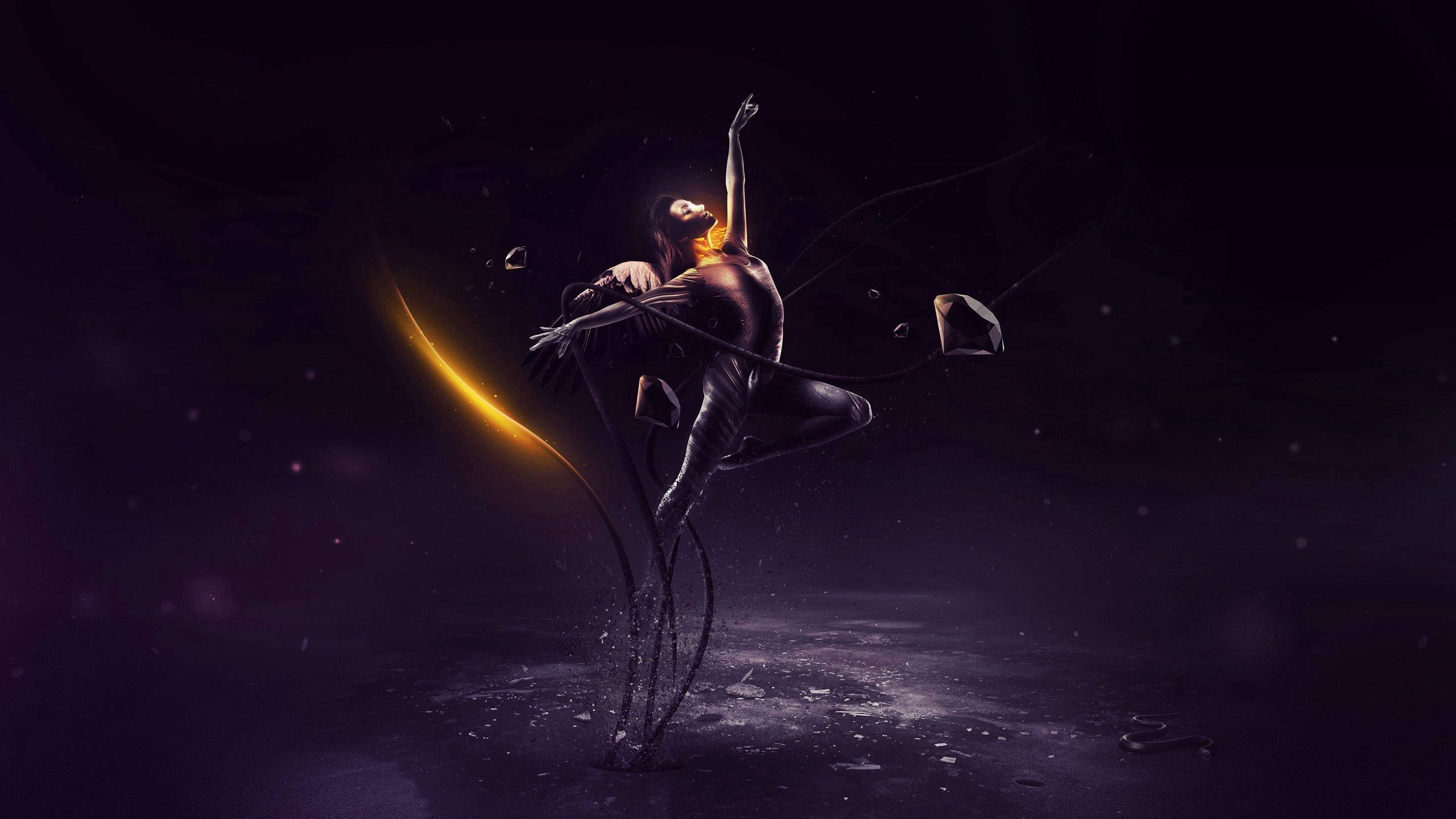 dancing girl, cosmic purple void, glowing golden crescent moon, 2K Desktop Wallpaper