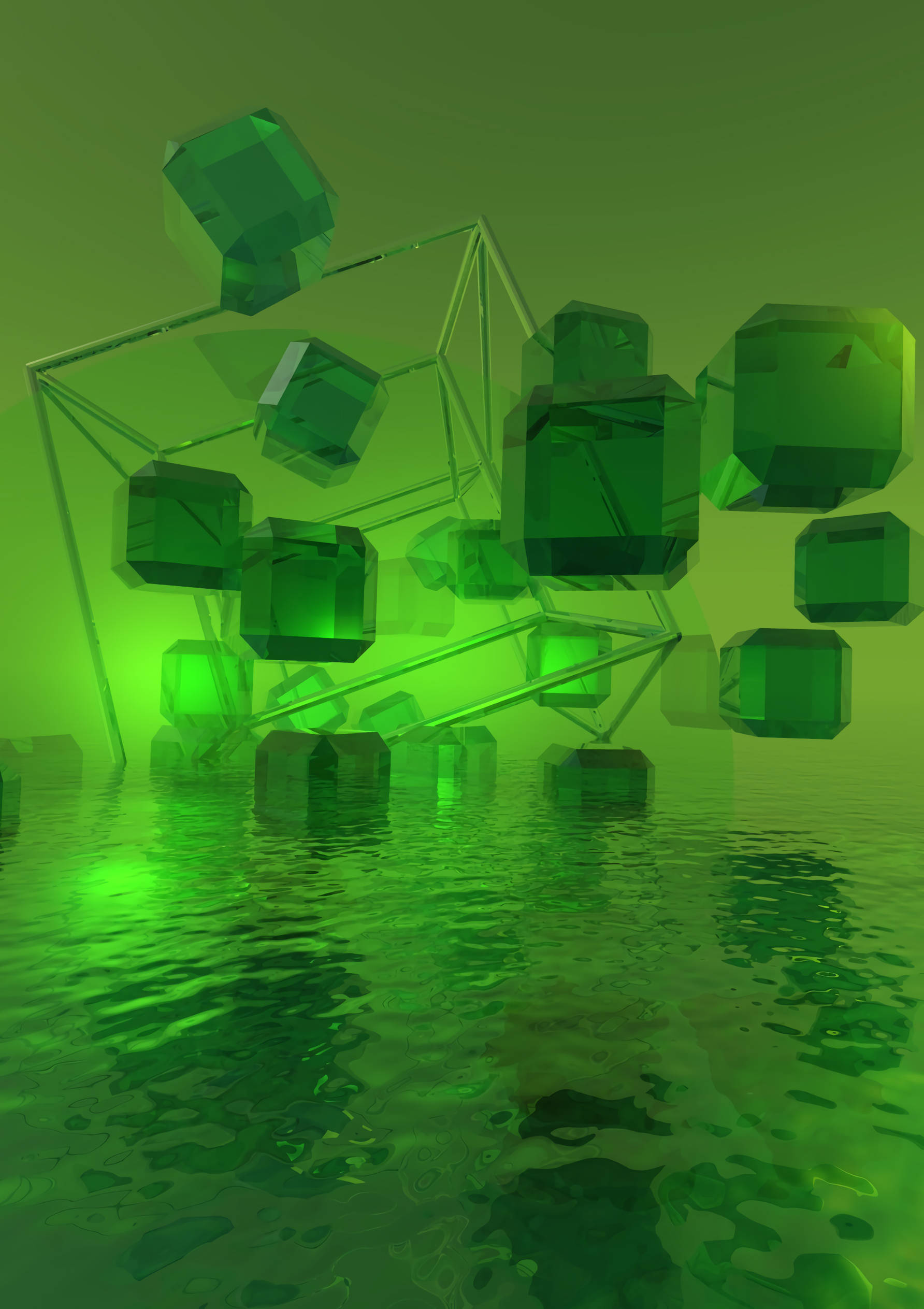 green crystal, 3D cubes, rippling water, Full HD Phone Wallpaper
