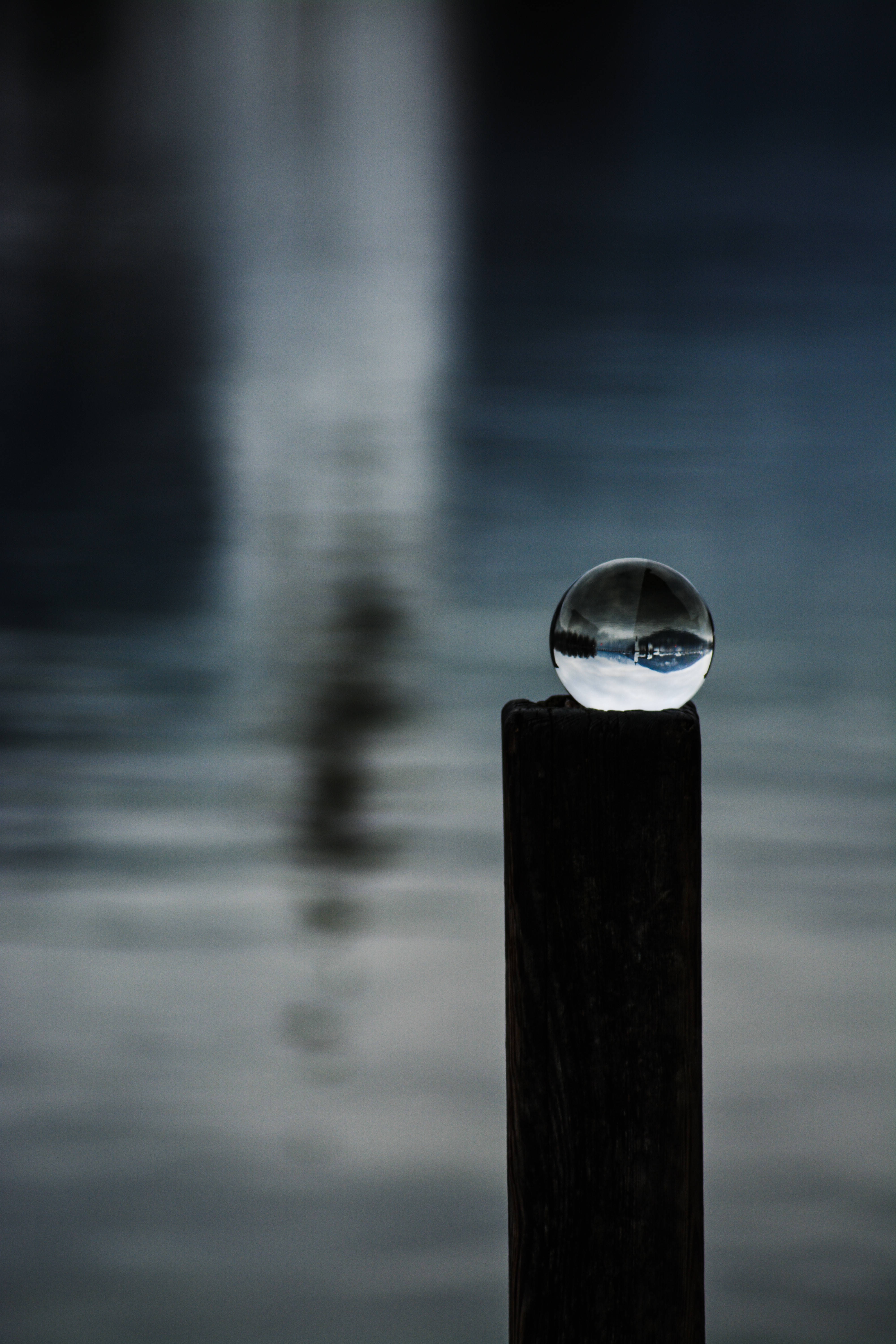 crystal ball, glass sphere, dark wooden post, 5K Phone Wallpaper