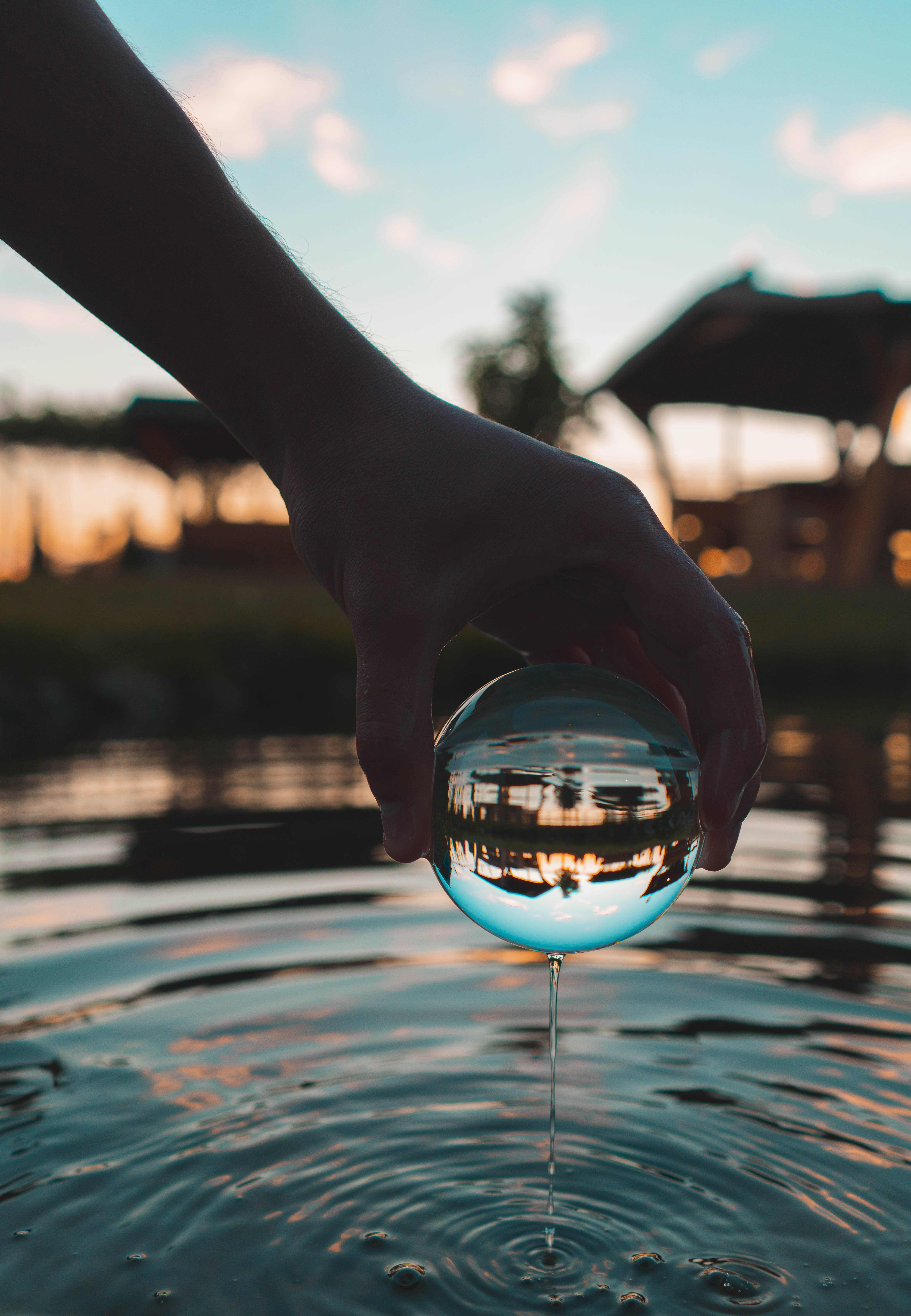 crystal sphere ball, water droplet sphere, pond, 5K Phone Wallpaper