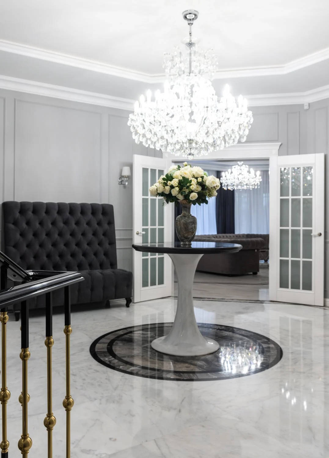 crystal chandelier, rose gold, marble floor, HD Phone Wallpaper