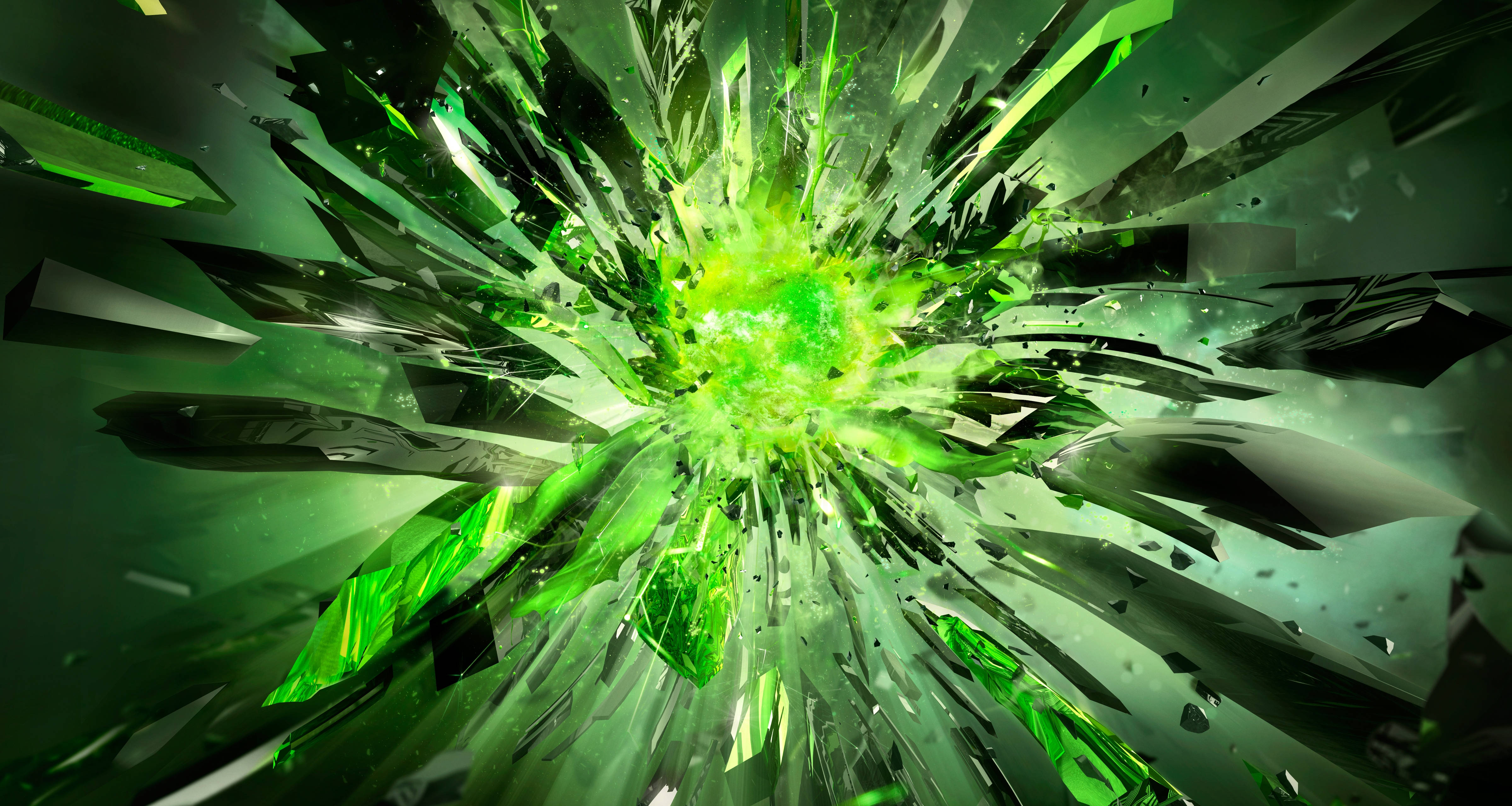 green crystals, light explosion, crystalline shards, 4K Desktop Wallpaper