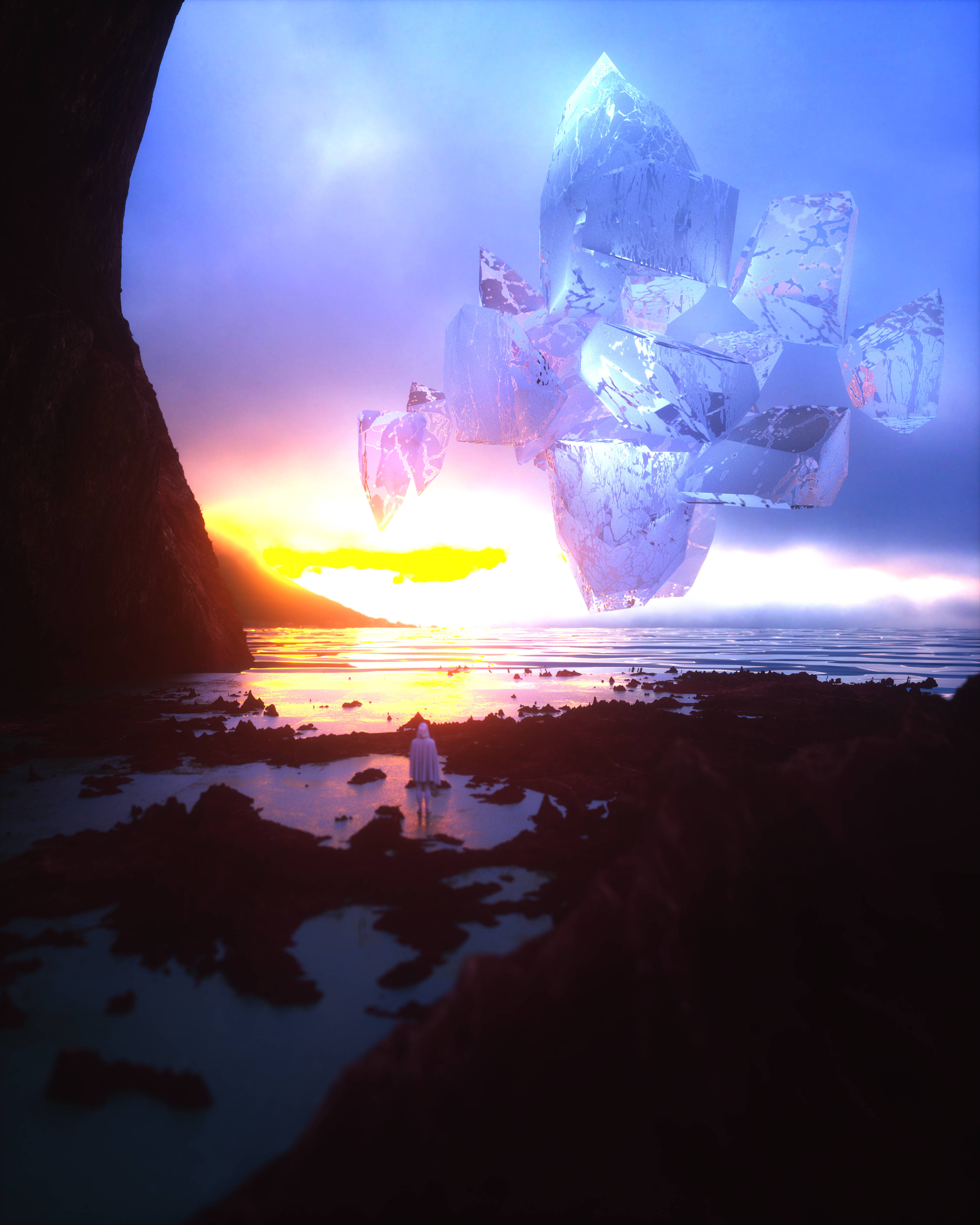 floating crystal, sunset sea, rocky shore, 4K Phone Wallpaper