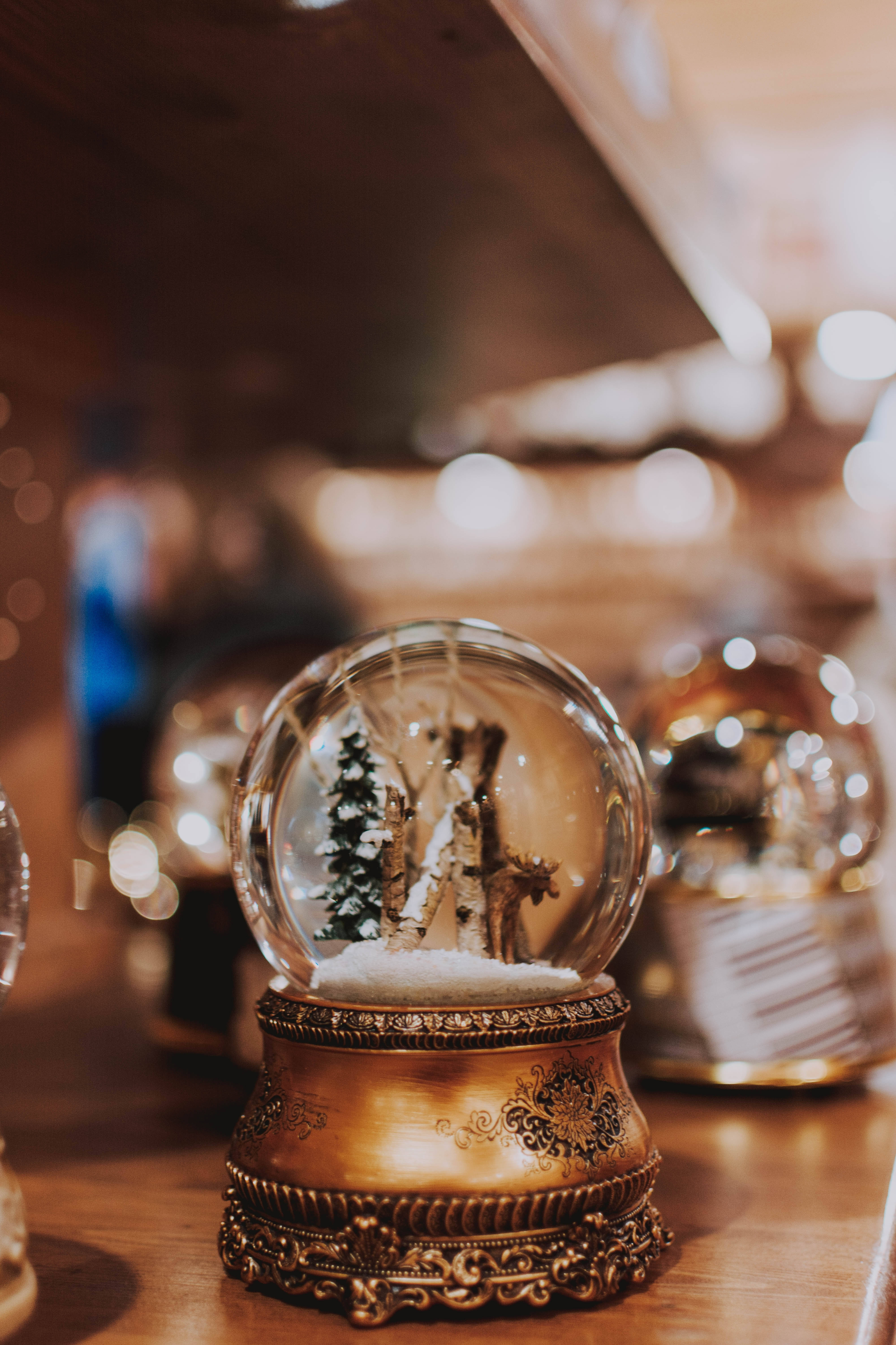 Christmas Crystal Snow Globe Ball, golden snow globe, miniature snowy forest scene, 5K Phone Wallpaper