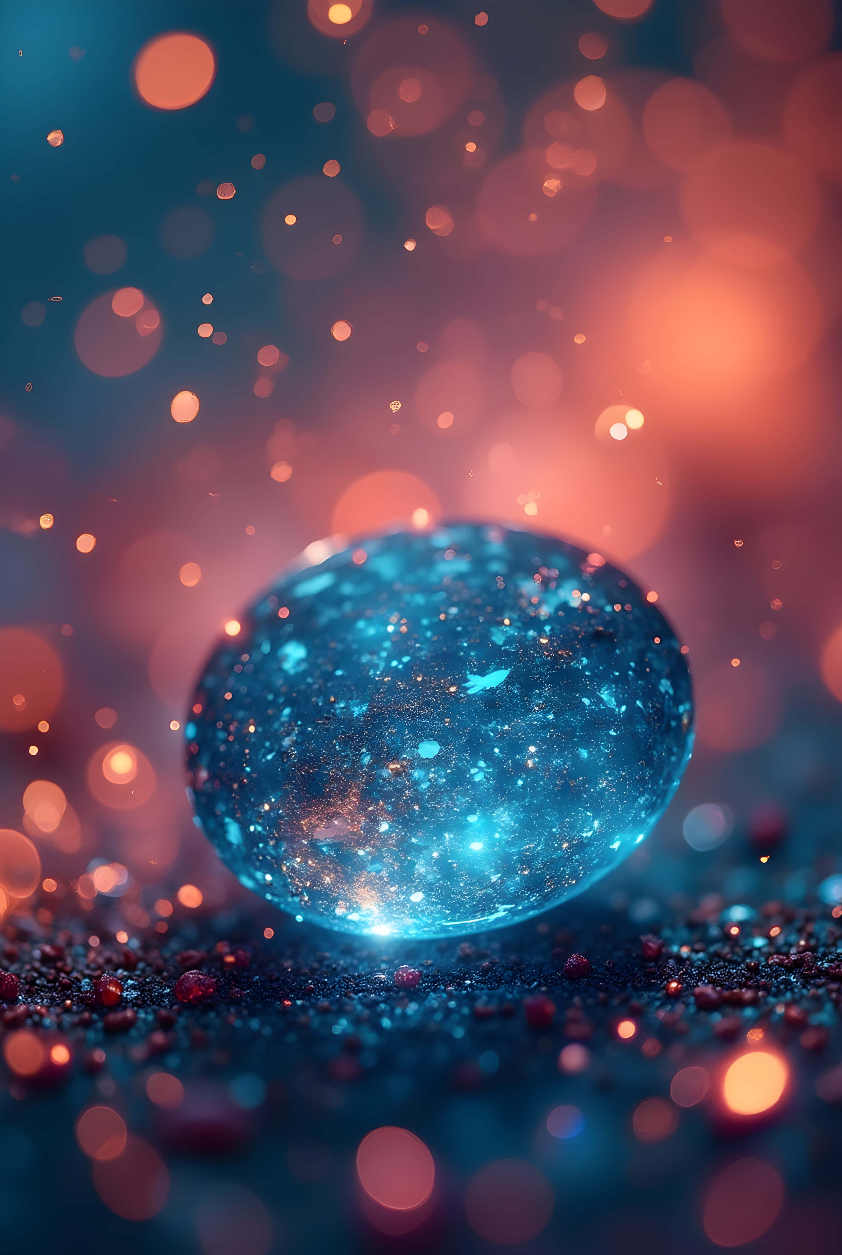 crystal splash, glowing blue orb, sparkling stars, 4K Phone Wallpaper