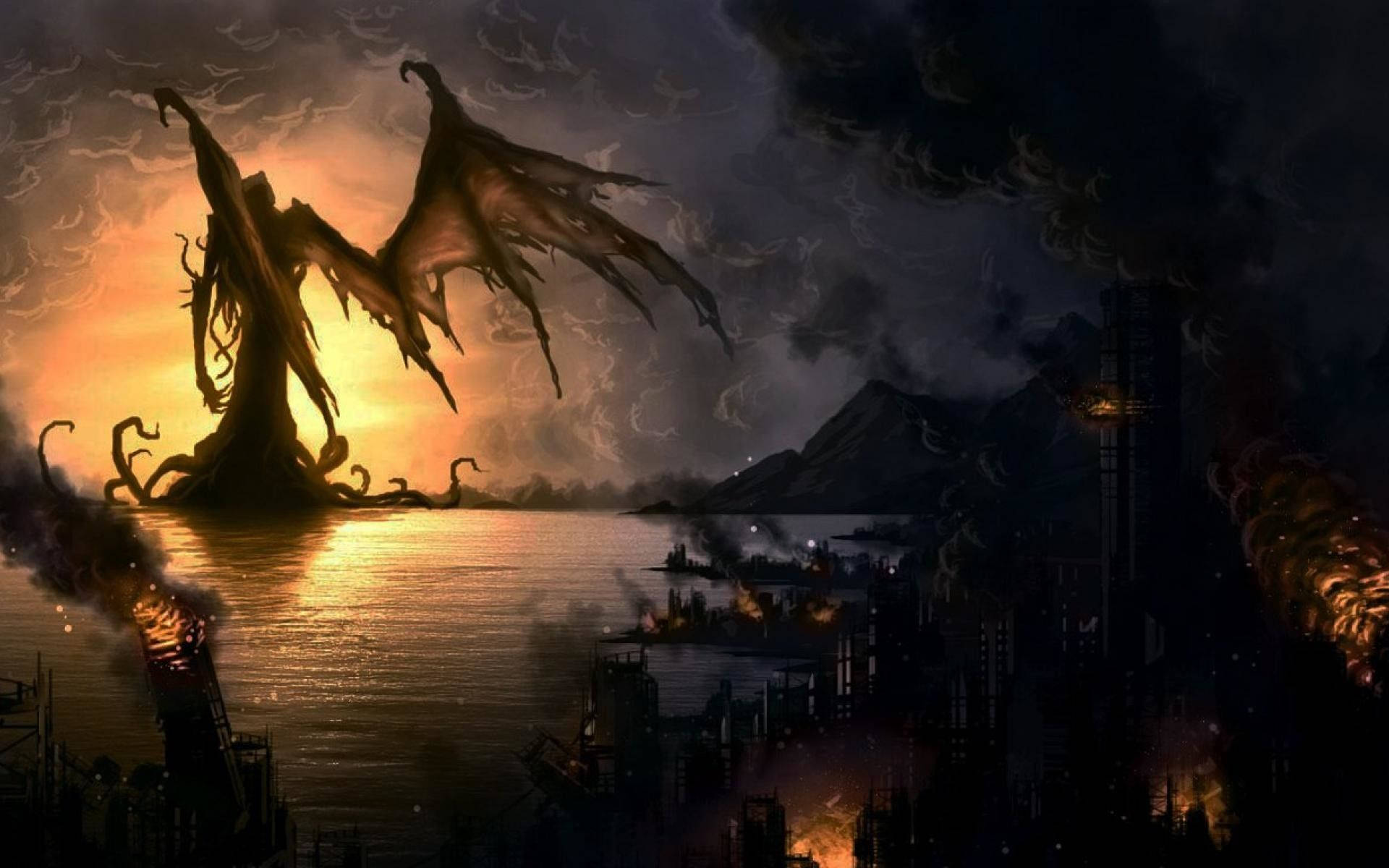 Cthulhu, burning ocean, sunset, Full HD Desktop Wallpaper
