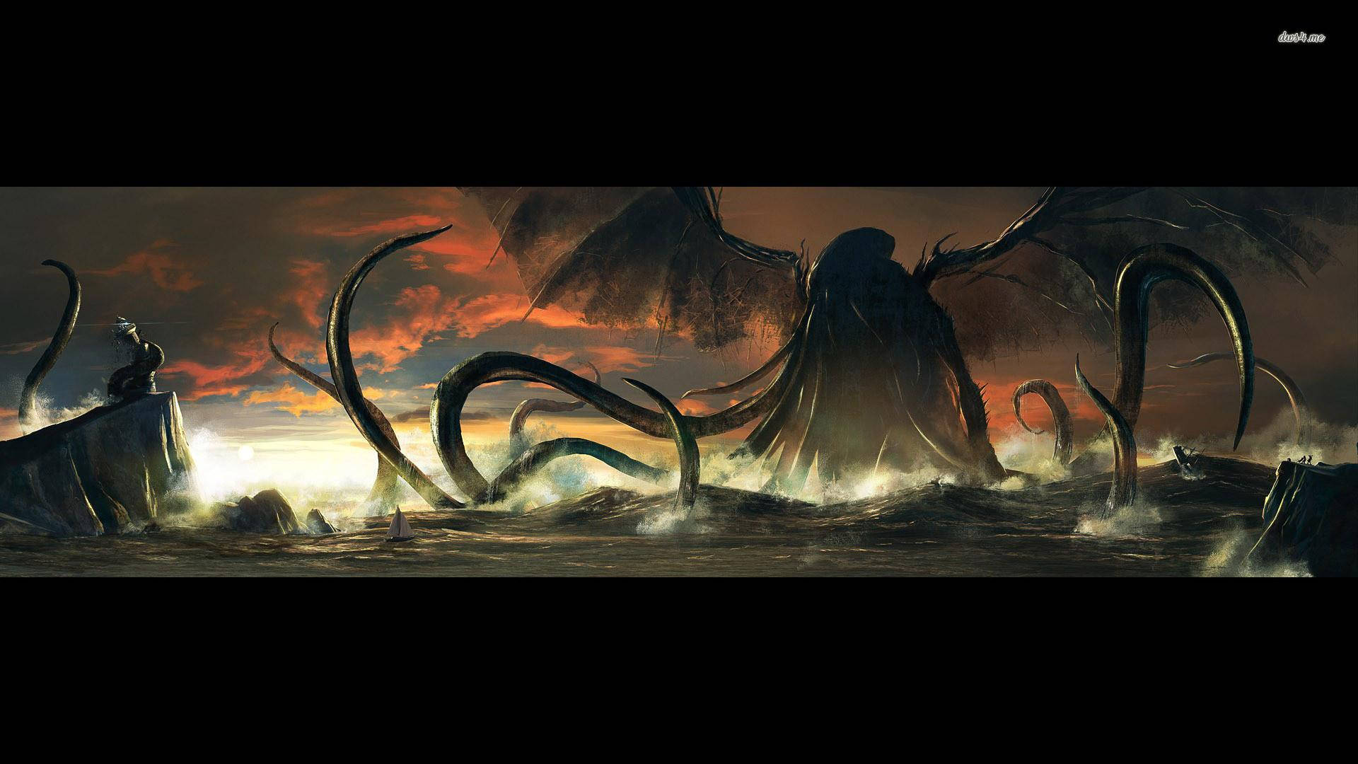 Cthulhu, stormy seas, sunset, Full HD Desktop Wallpaper