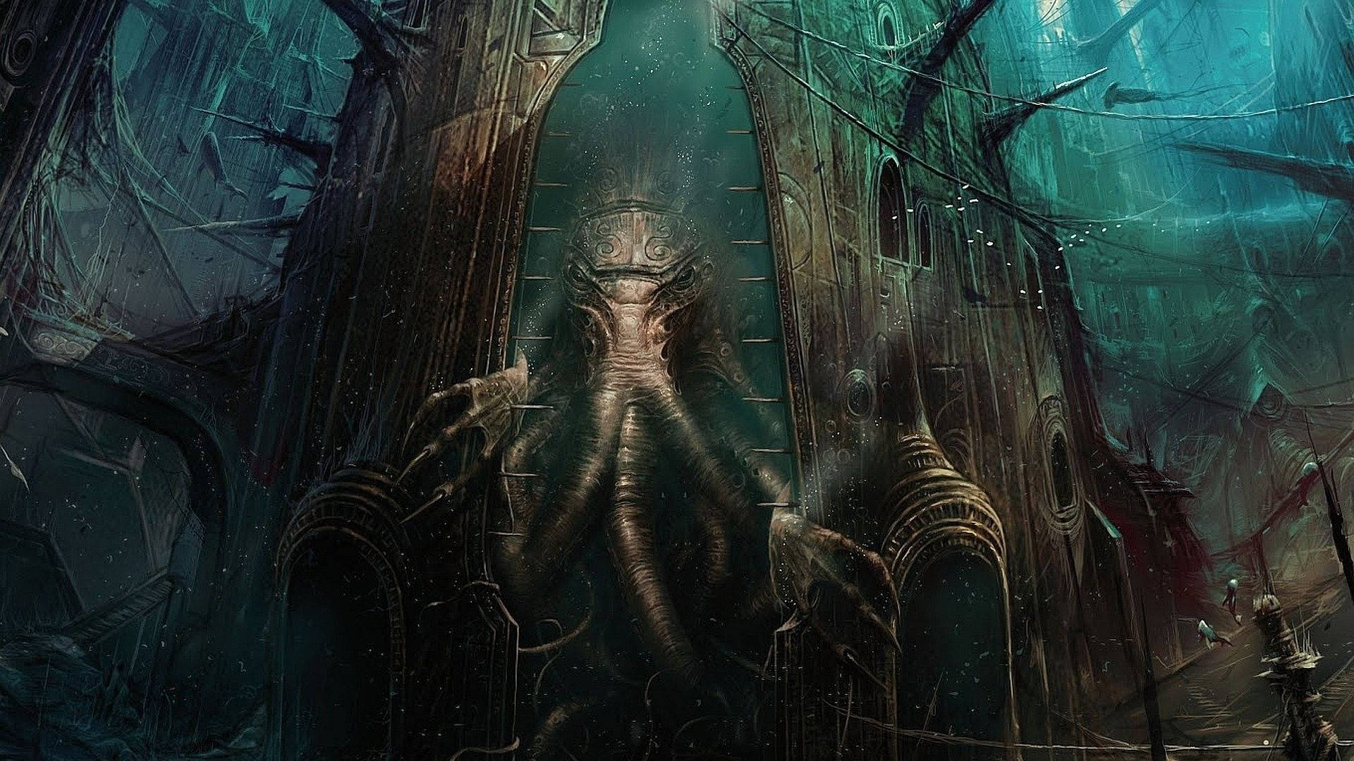 Cthulhu, tentacles, ruined underwater temple, Full HD Desktop Wallpaper