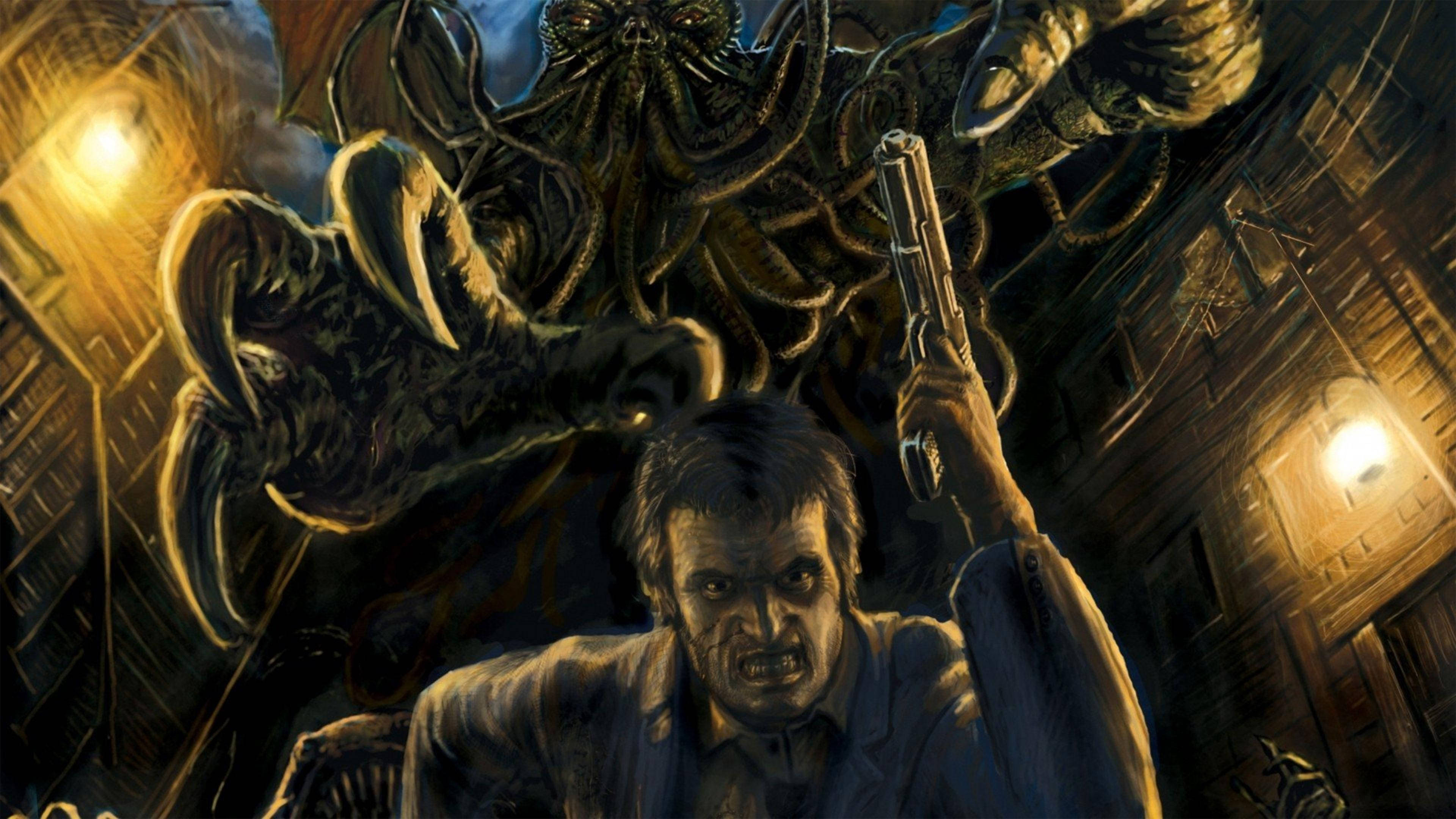 Cthulhu, man, pistol, 4K Desktop Wallpaper