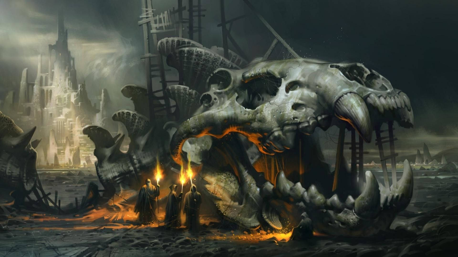 Cthulhu, skeleton cult, torches, Full HD Desktop Wallpaper